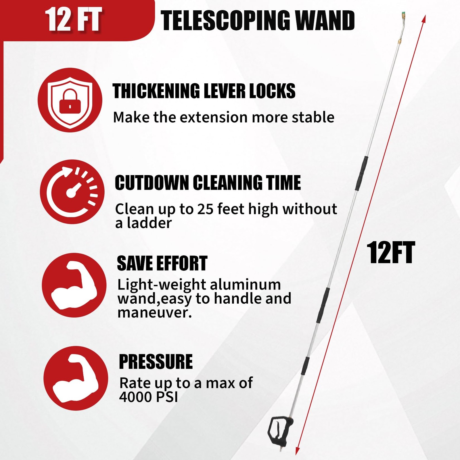 12FT Adjustable Pressure Washer Extension Wand Set , Telescopic Aluminum Lance