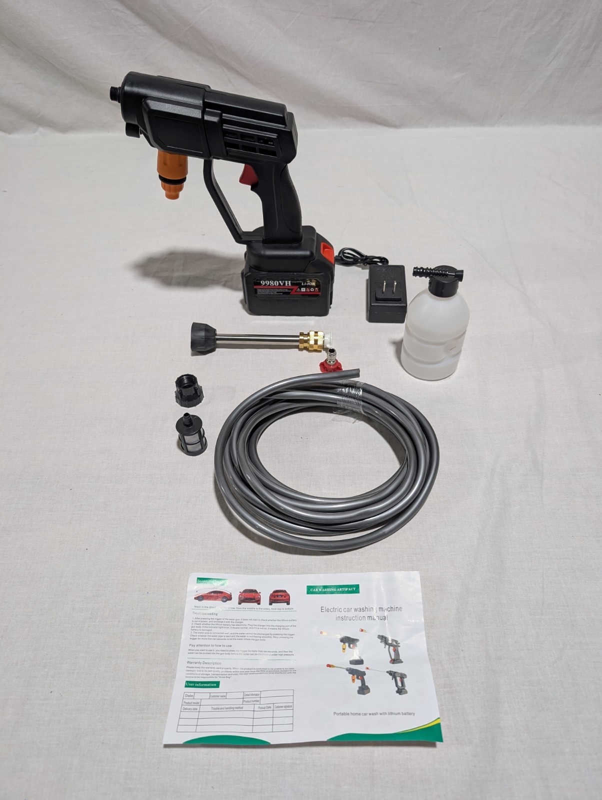Portable Cordless Pressure Washer Foam Bottle Wand Spray Tips Dual Hookups Black