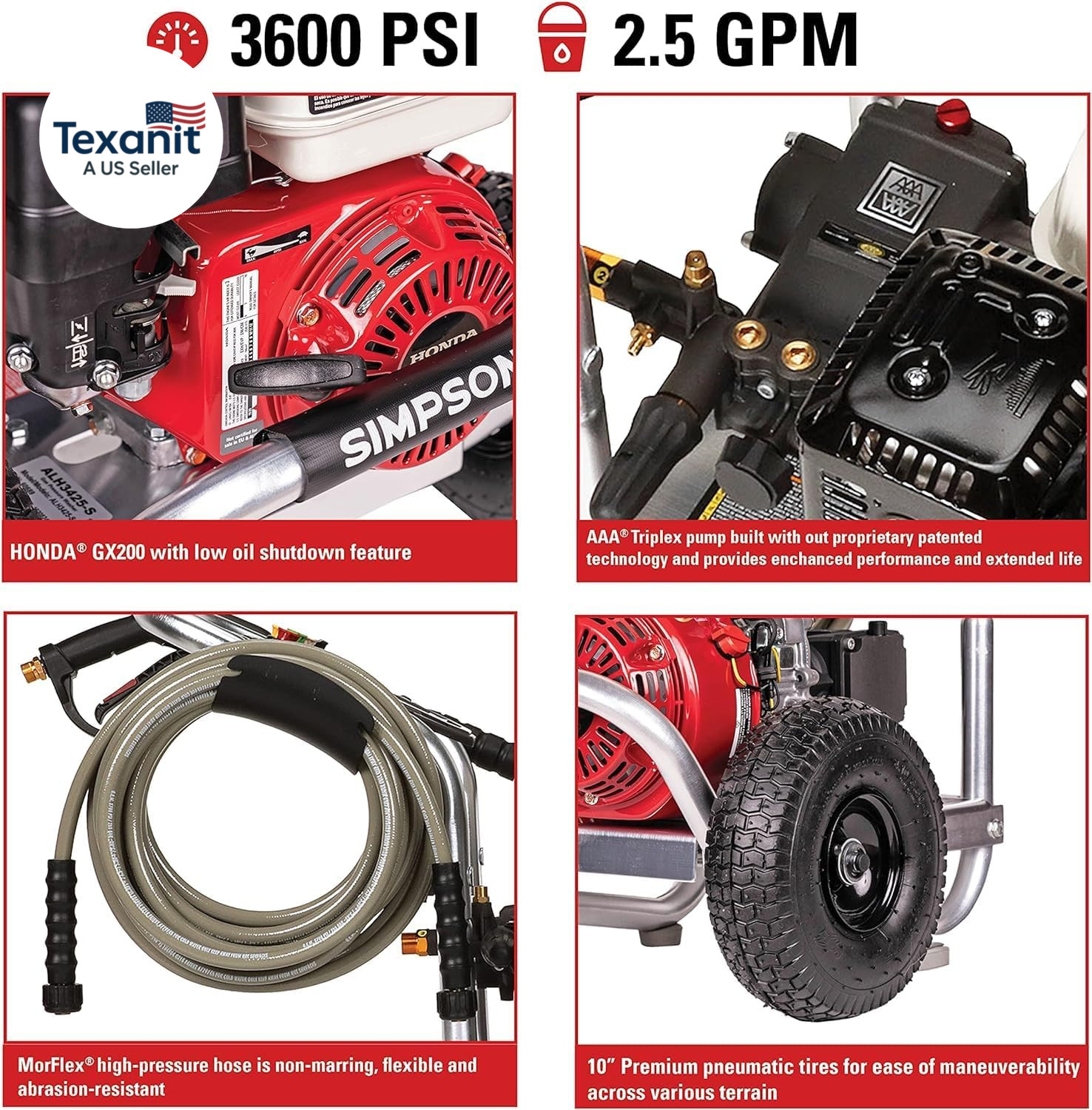 Simpson 3600 PSI Gas Pressure Washer, 2.5 GPM Commercial Power Washer, Cold Wate