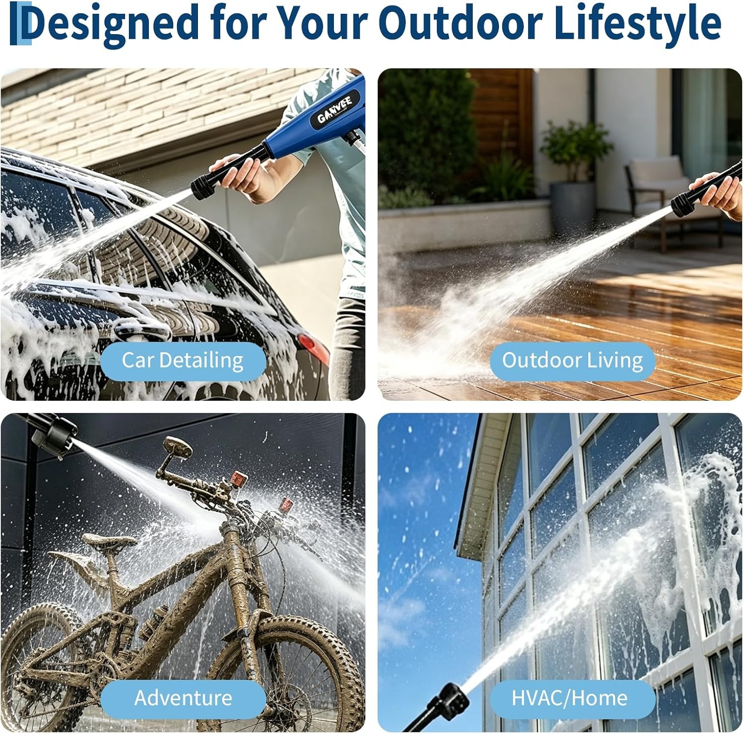 6in1 Nozzle Cordless Pressure Washer 1100 PSI Power Washer 16.5FT Hose 2 Battery