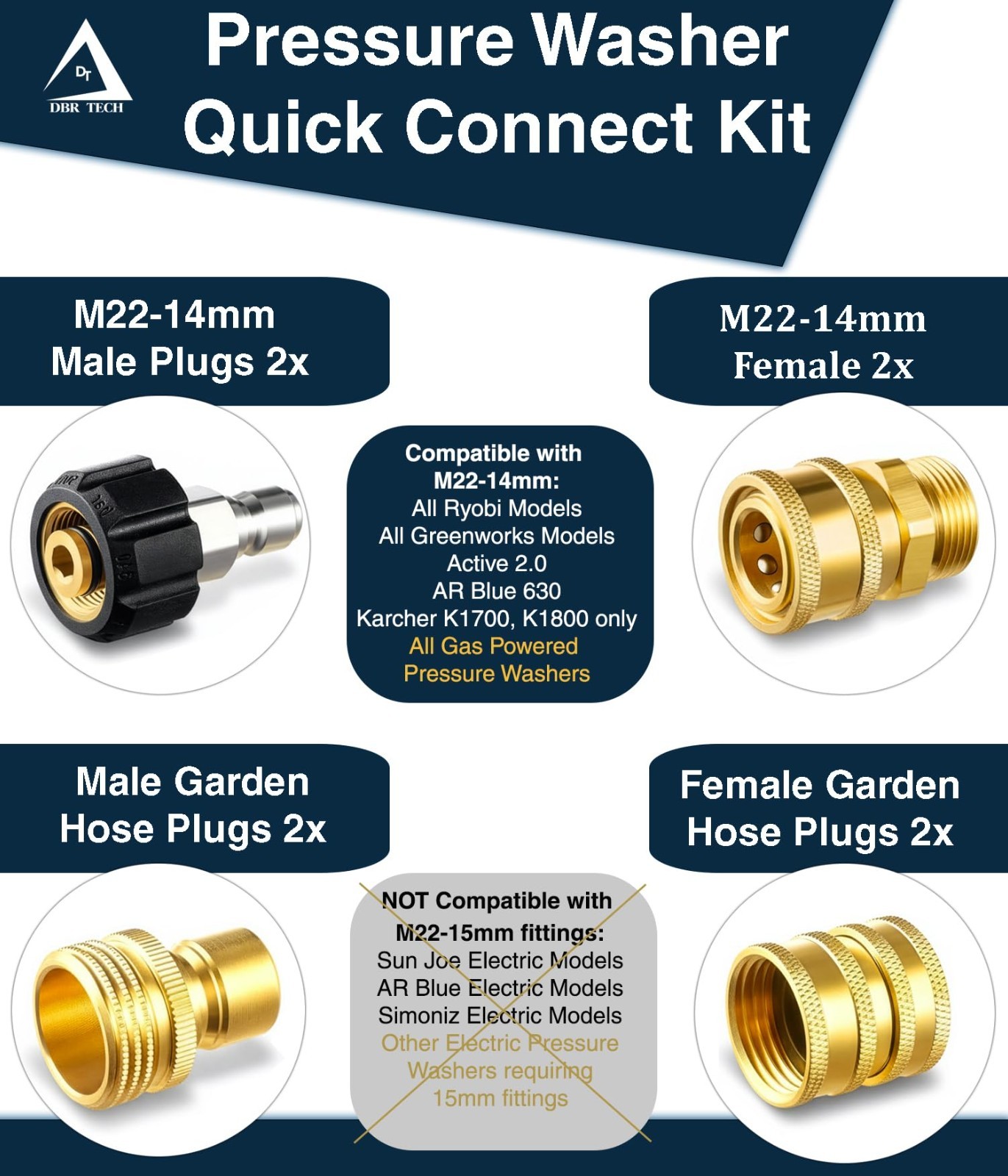 Pressure Washer Quick Connect Kit – M22 Brass Adapter Set, Swivel to 3/8″ Discon