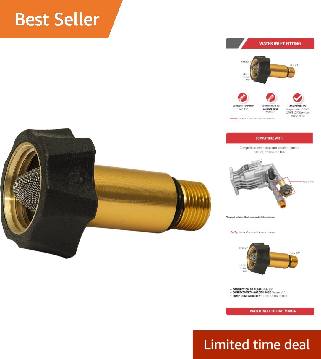 3/8″ to 3/4″ Water Inlet Fitting for OEM Pressure Washers, Brass Finish