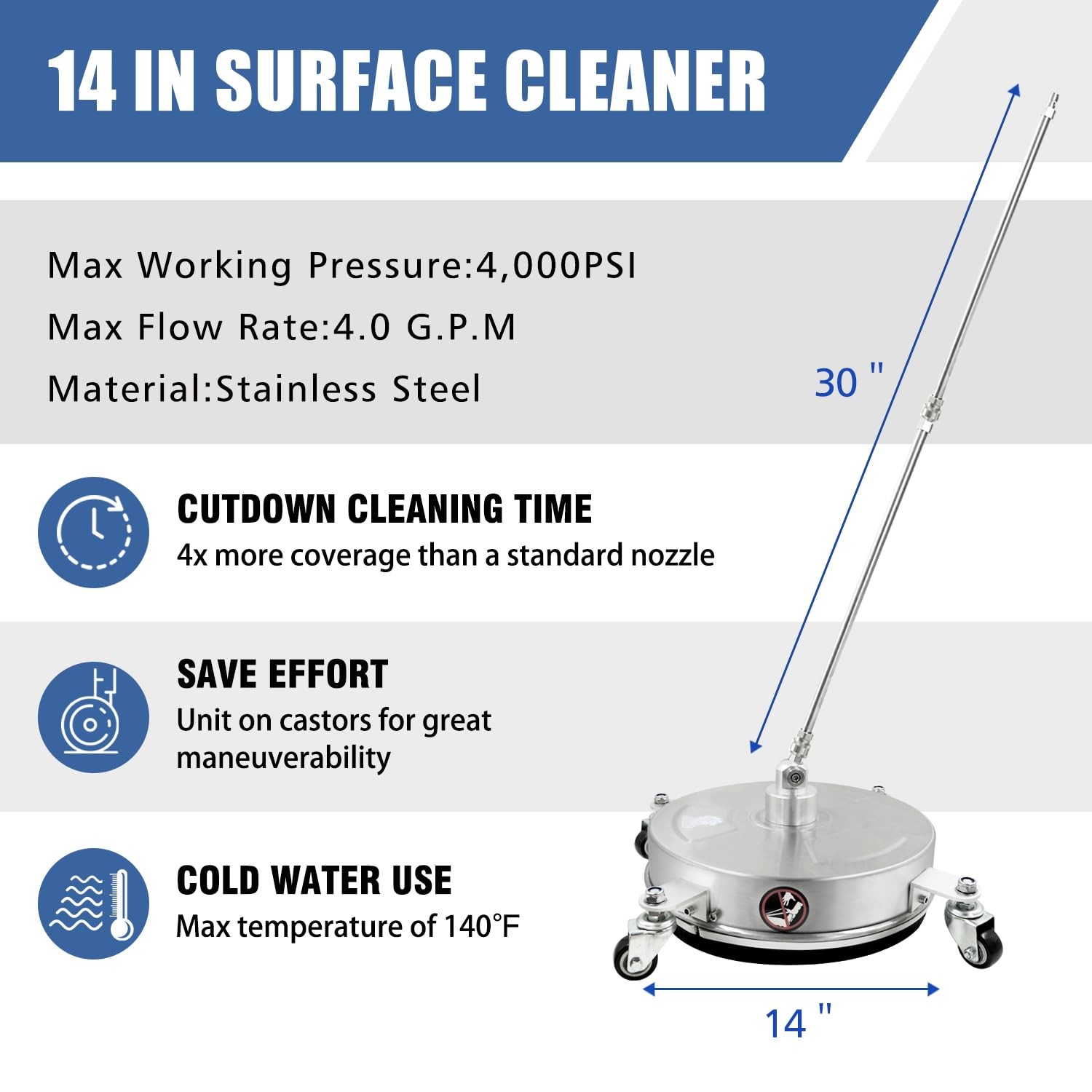 14 inch Pressure Washer Surface Cleaner Attachment with 4 Wheels Stainless