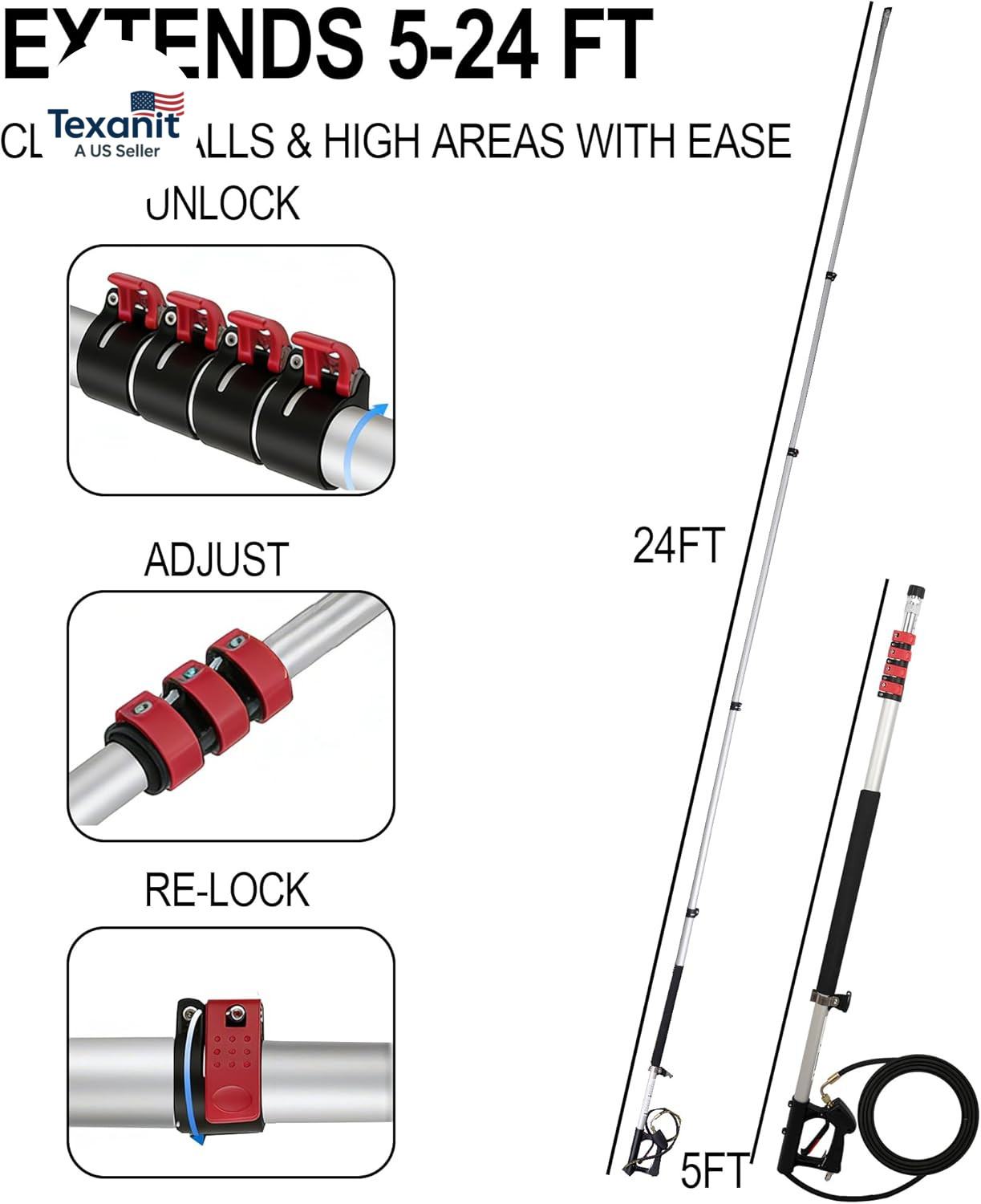 24 FT Telescoping Pressure Washer Wand, Power Washer Extension Wand with Brush H