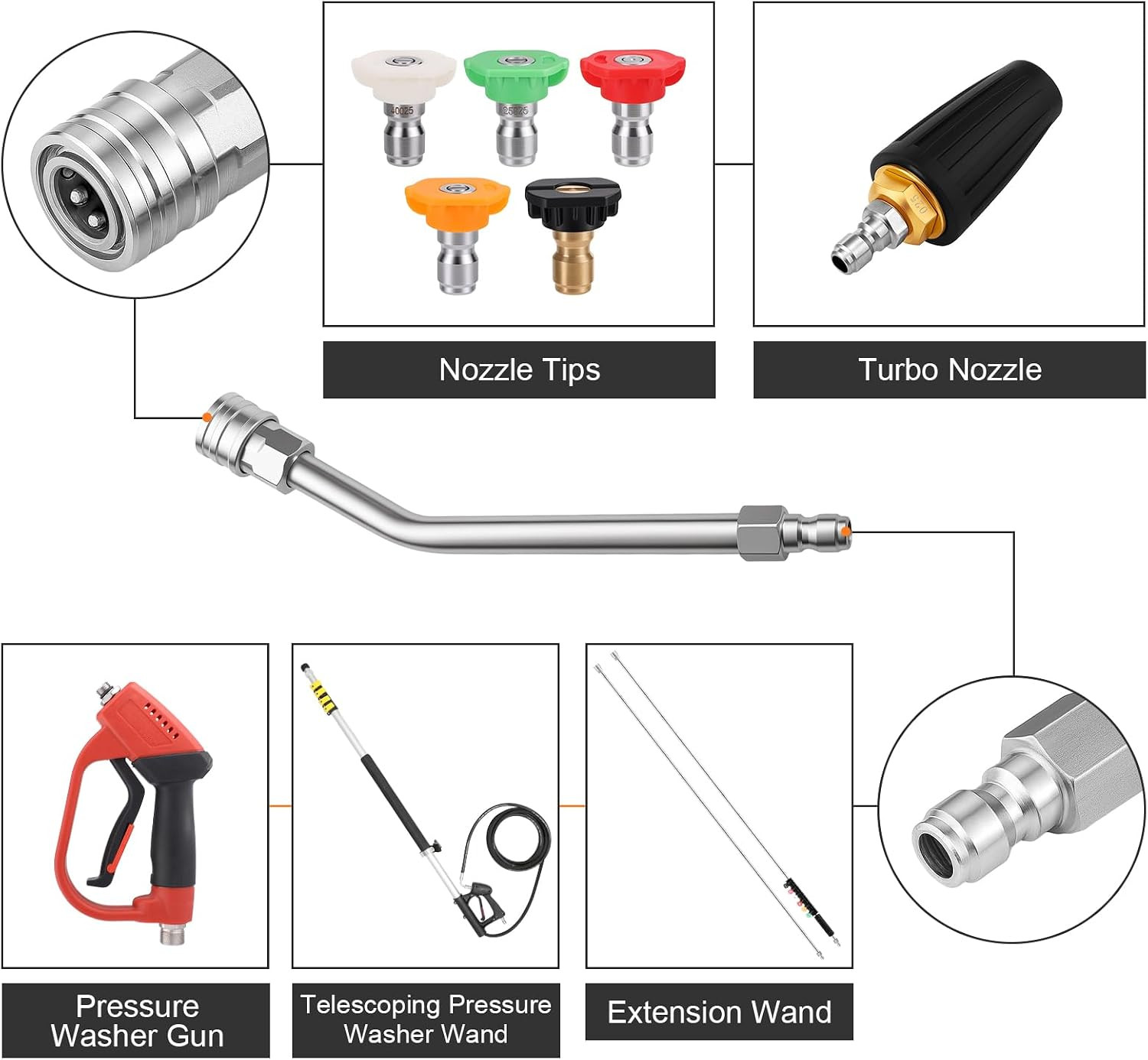 Pressure Washer Extension Wand 4000 PSI Stainless Steel – 4 Curved Rods with 1/4