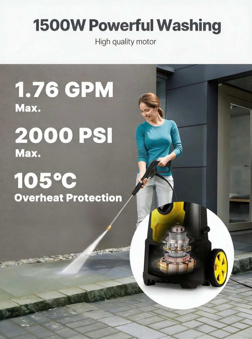 Electric Pressure Washer 2000 PSI 1.76 GPM Portable Foam Cannon for Cars & Patio