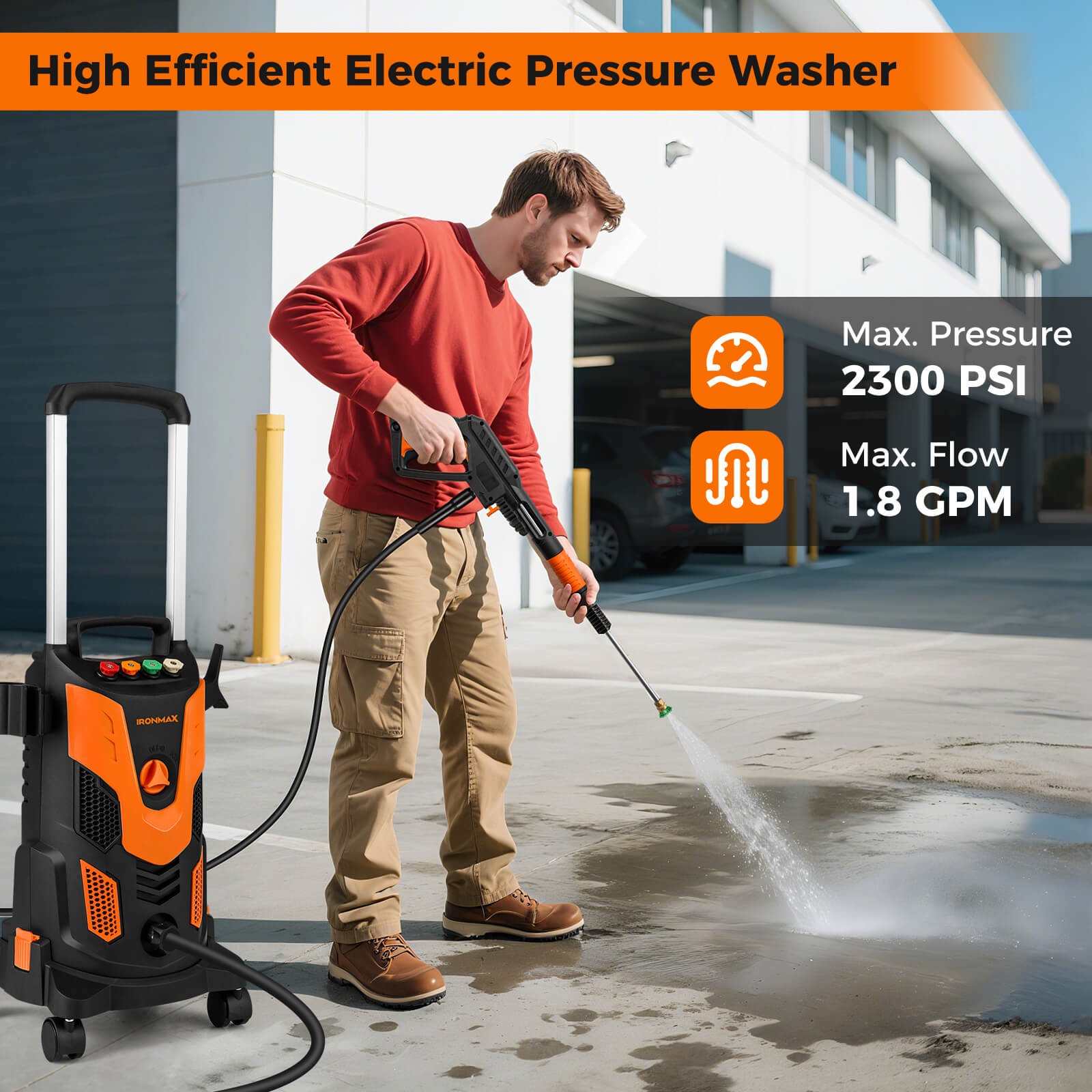 Electric Pressure Washer w/ 4 Nozzles & Soap Bottle Lockable Wheels for Cleaning