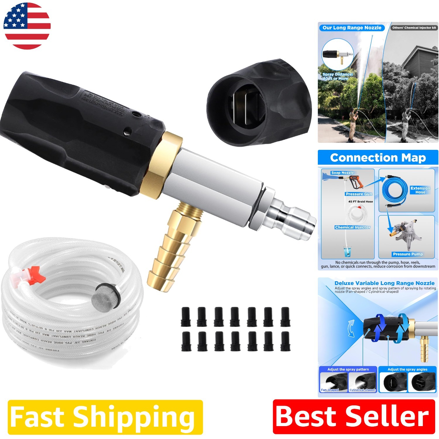 Pro Long Range Pressure Washer Nozzle 4-4.5 GPM, 45FT Hose, 4000 PSI, Dual Mode