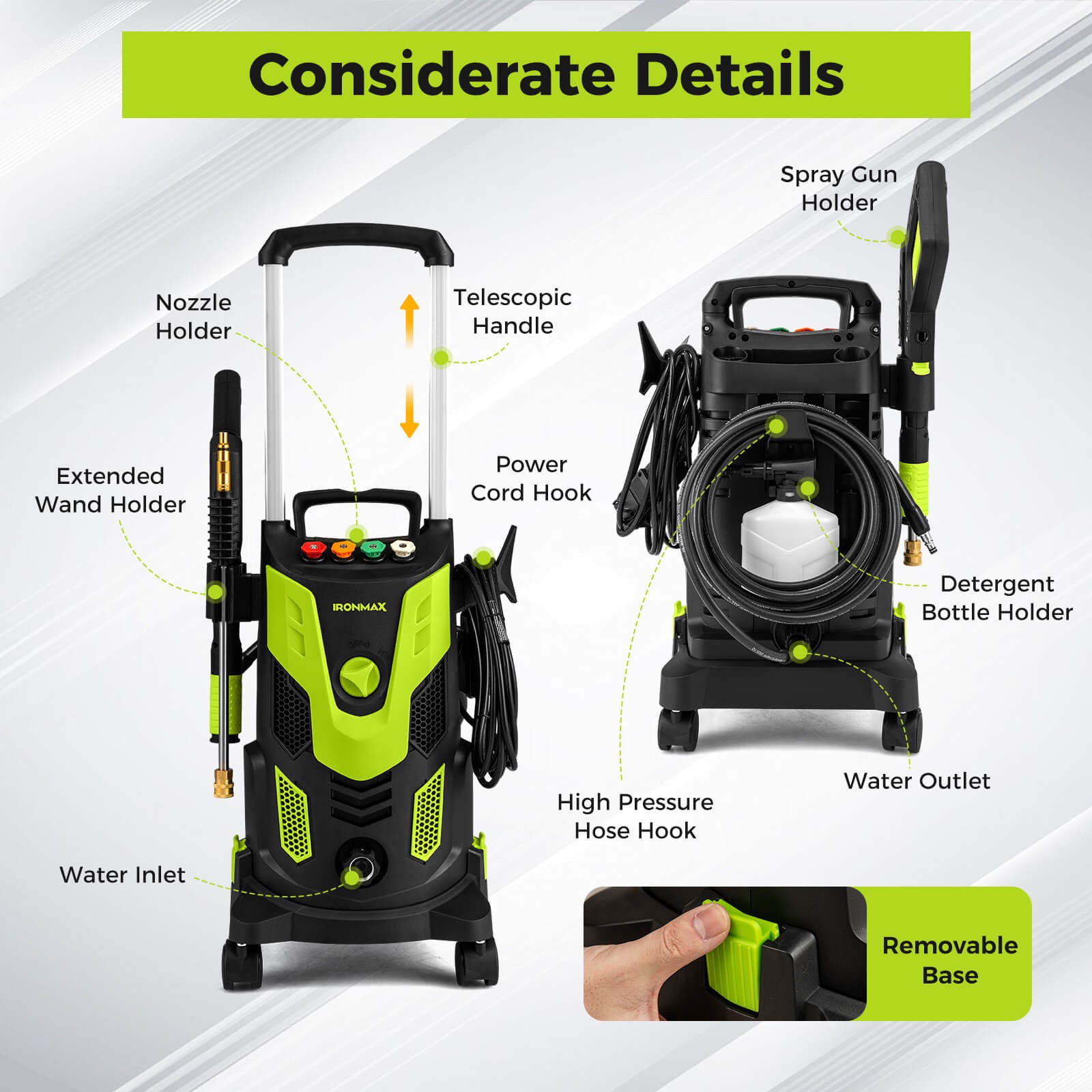 Electric Pressure Washer w/ 4 Nozzles & Soap Bottle Lockable Wheels for Cleaning