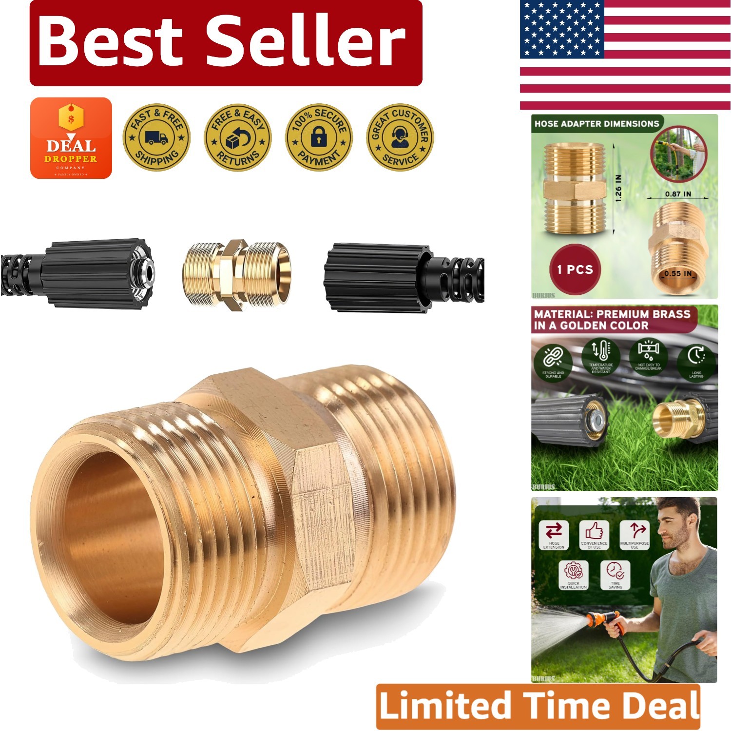 Quick Connect Brass Hose Coupler for Pressure Washers – M22 14mm, Easy Install