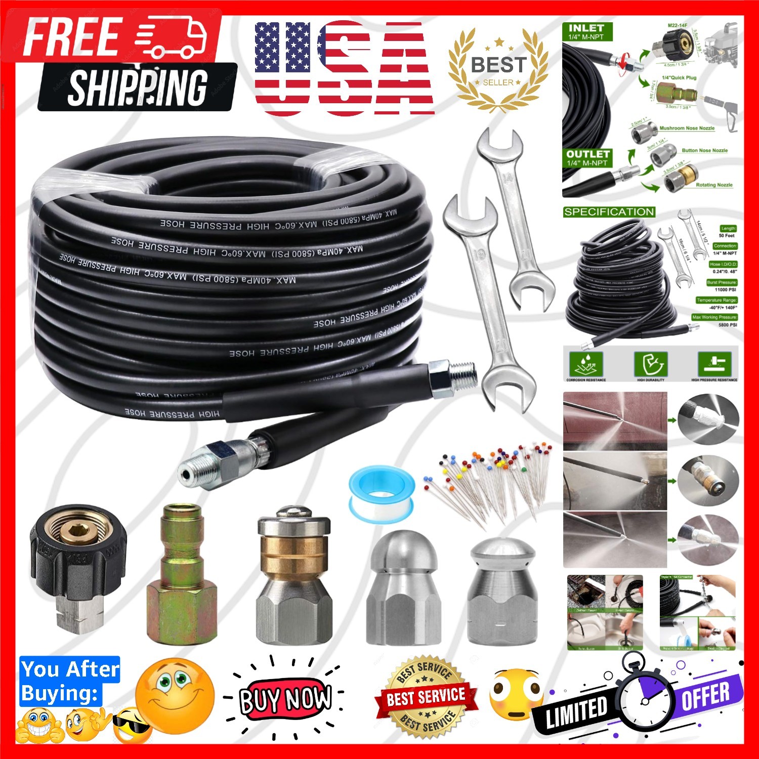 Sewer Jetter Kit 50FT for Pressure Washer, 5800PSI Drain Cleaner Hose 1/4 Inc…