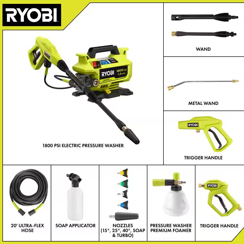 1800 PSI 1.2 GPM Cold Water Corded Electric Pressure Washer with Premium Foam Bl