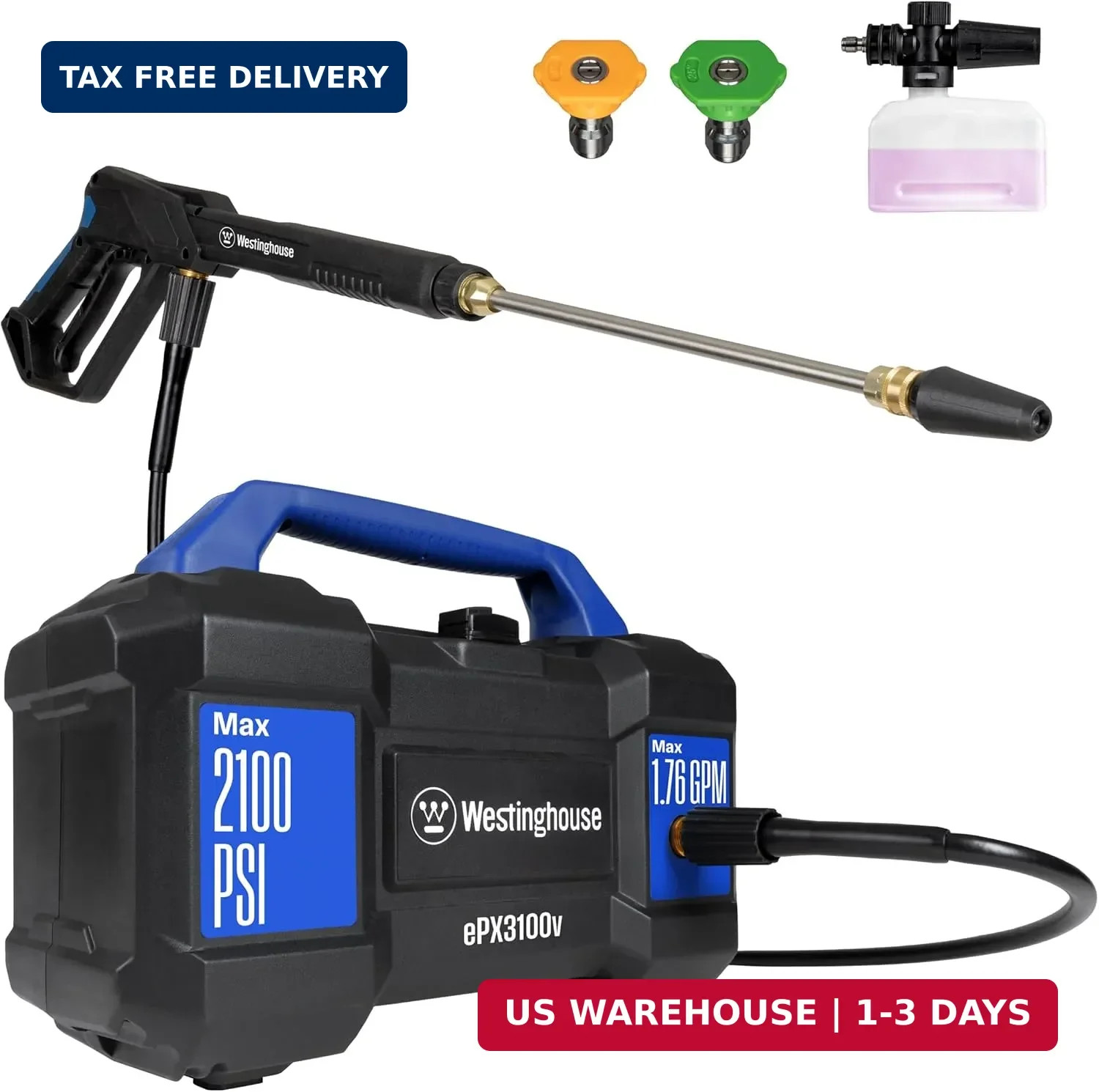 Westinghouse ePX3100v Electric Pressure Washer, 2100 Max PSI 1.76 Max GPM, Built