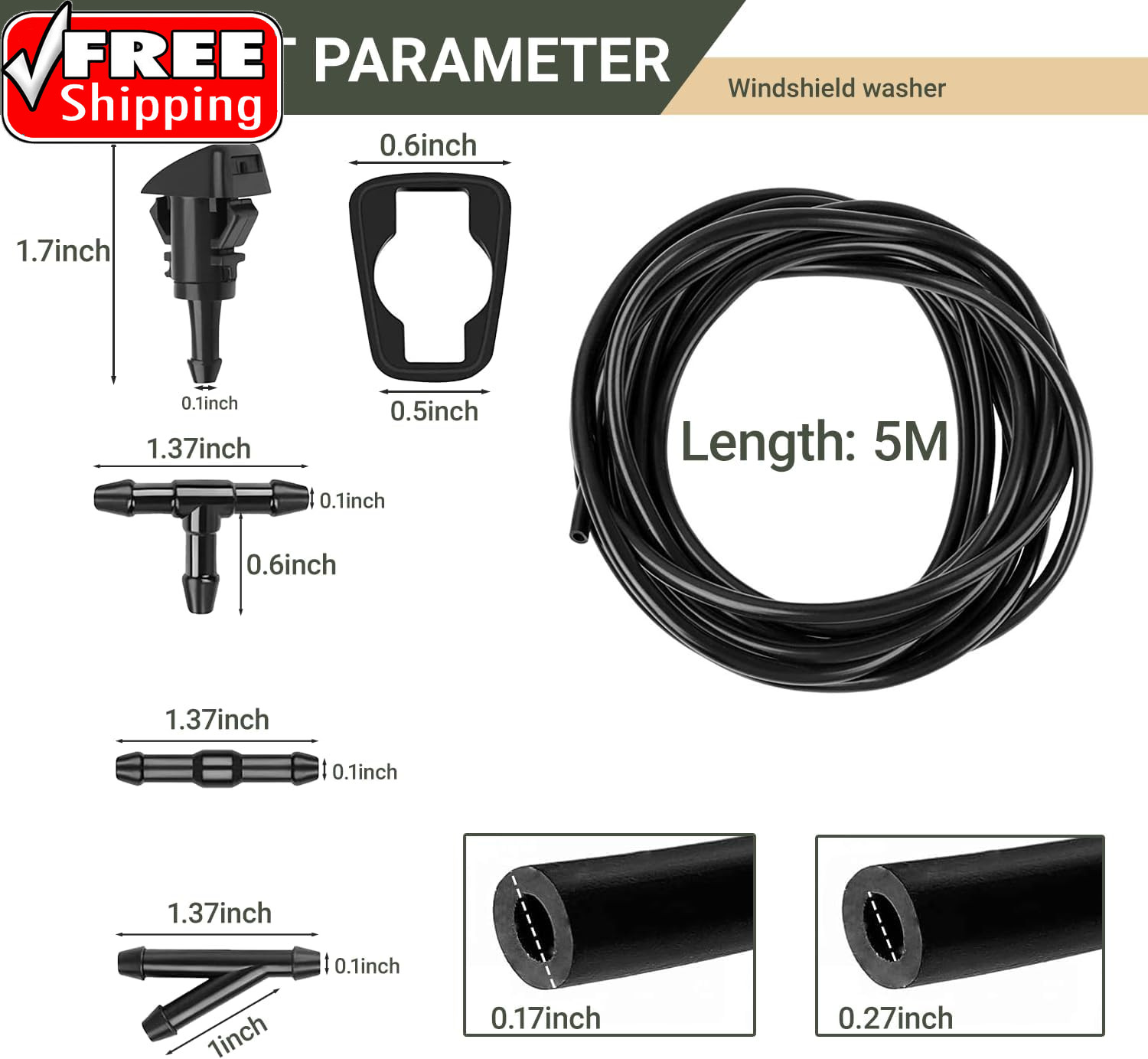 Windshield Washer Hose Kit, 5M Washer Fluid Hose with 12 Pcs Connectors, 2 Fan N