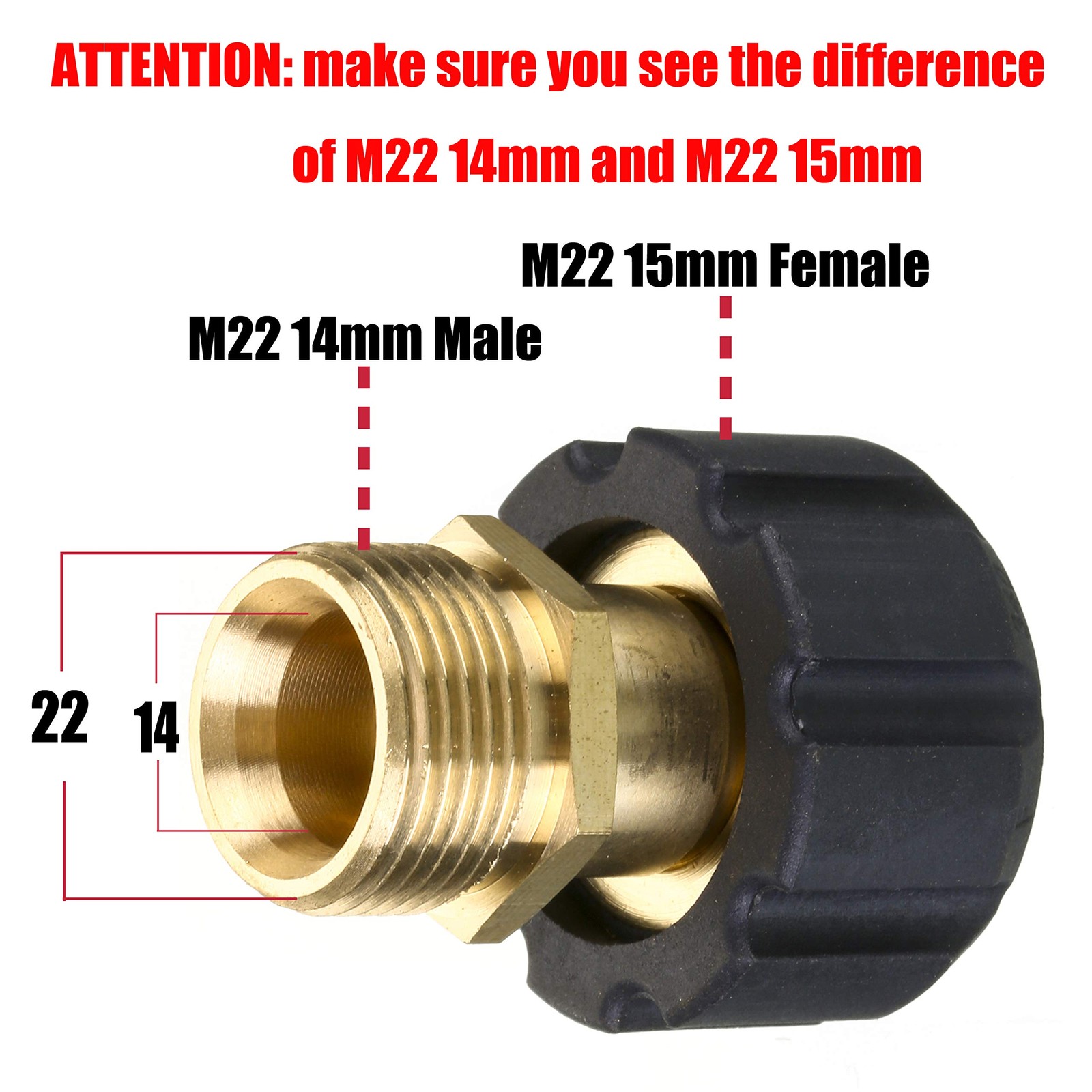 Pressure Washer Adapter, Metric M22 15mm Female Thread to M22 14mm Fitting, 4…