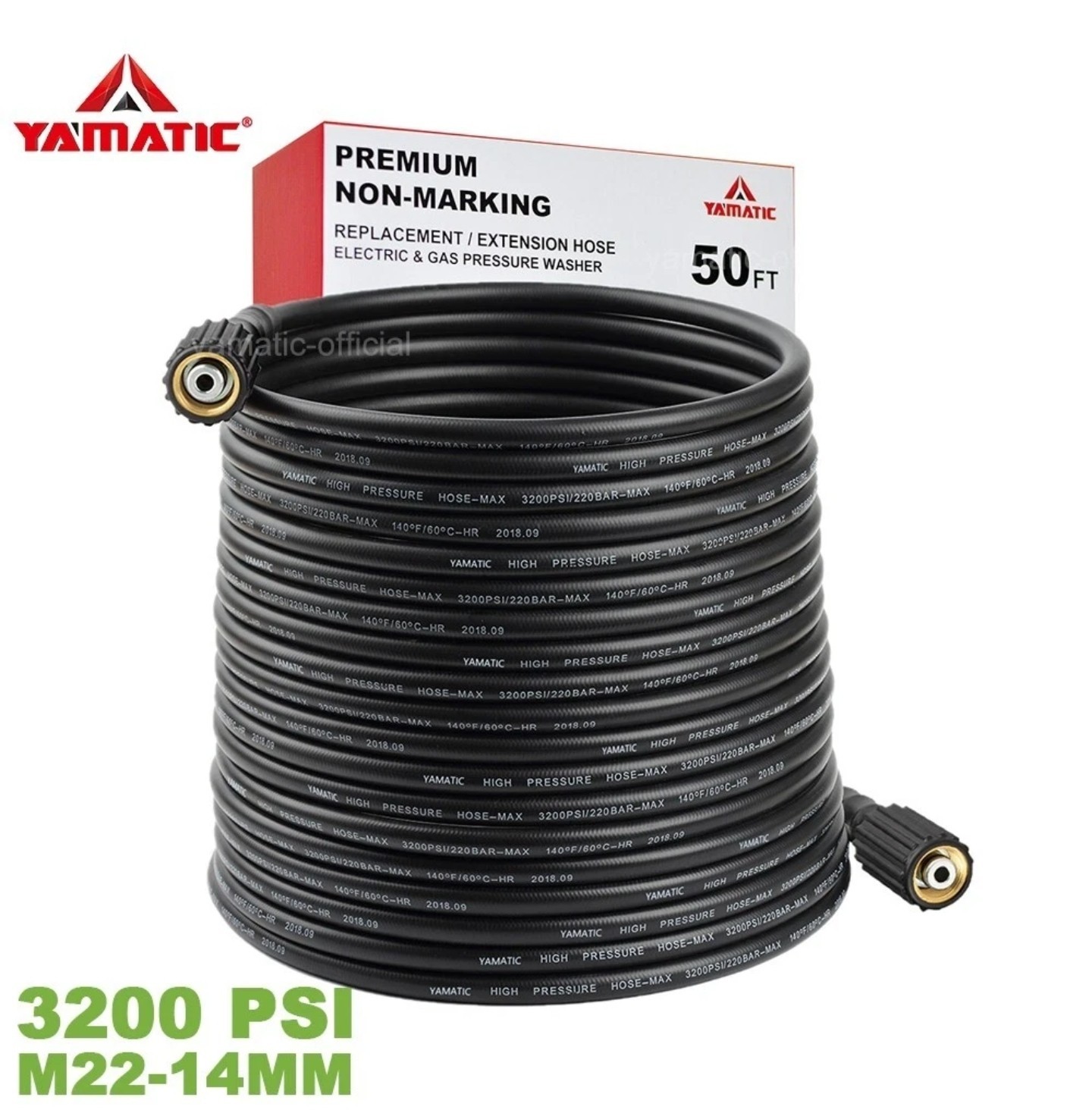 YAMATIC 3200 PSI Pressure Washer Hose 1/4″ Kink Free M22 14mm Brass 50 FT