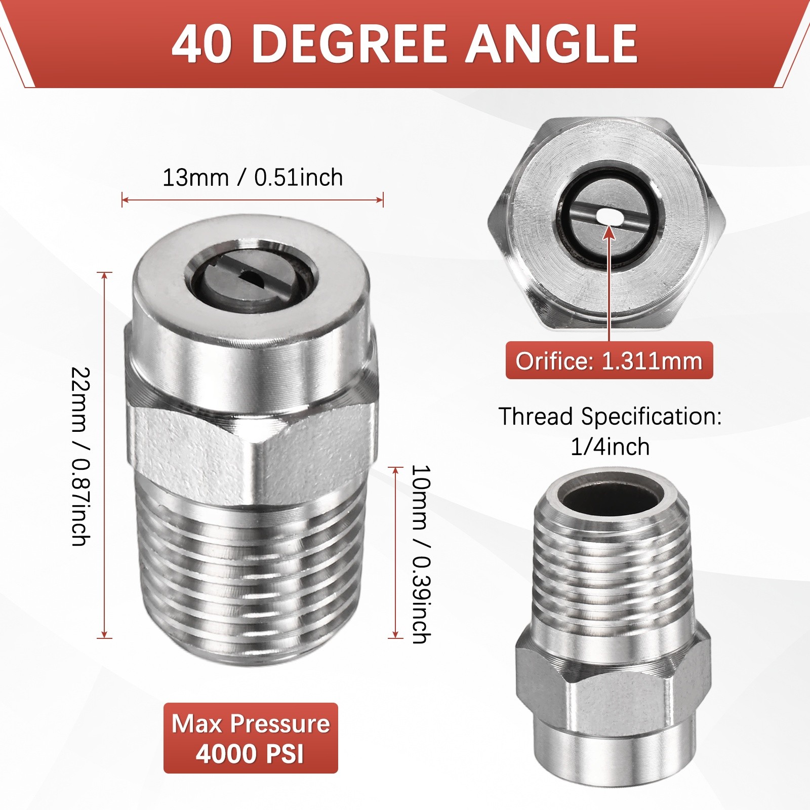 1/4″ NPT 40° Surface Cleaner Tip [2PCS] – Pressure Washer Nozzles [1.311MM Pore]