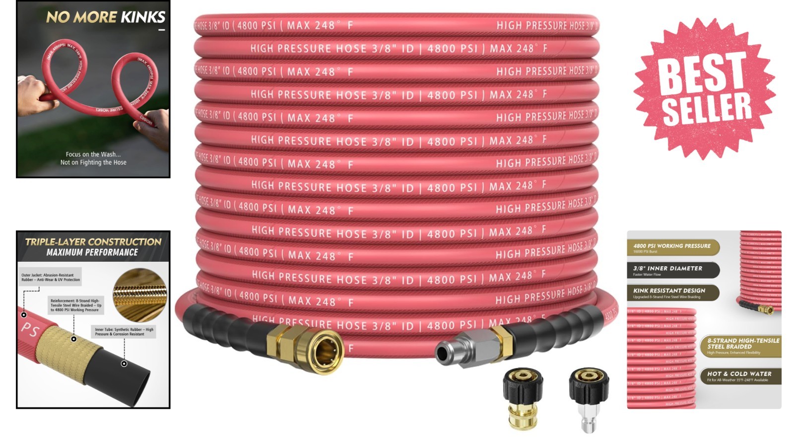 3/8″ 4800PSI Pressure Washer Hose 50FT with Swivel Quick Connect Max 248°F