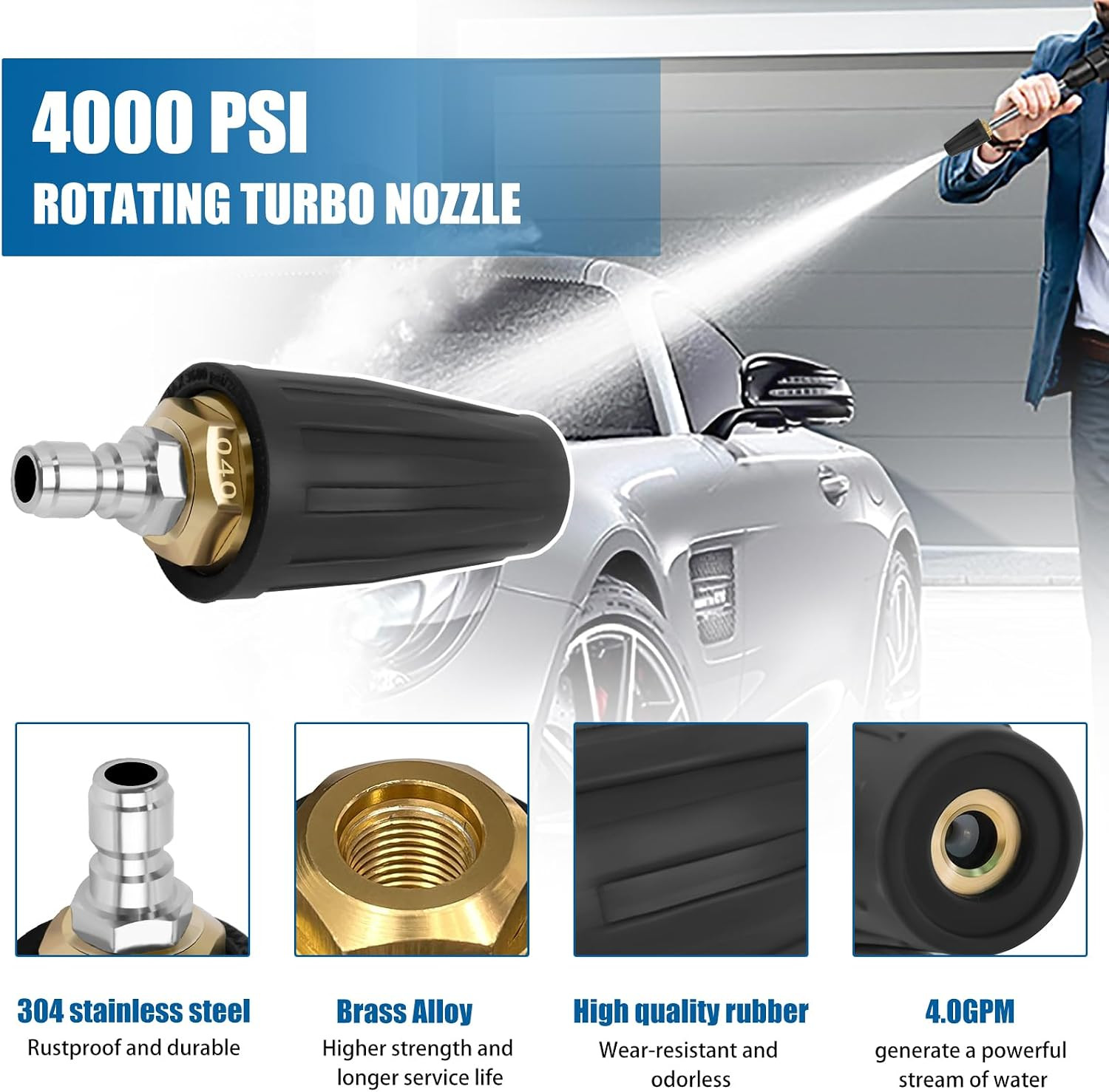 Pressure Washer Turbo Nozzle – 4000 PSI Rotating 360° Nozzle, 4.0 GPM, 4.0