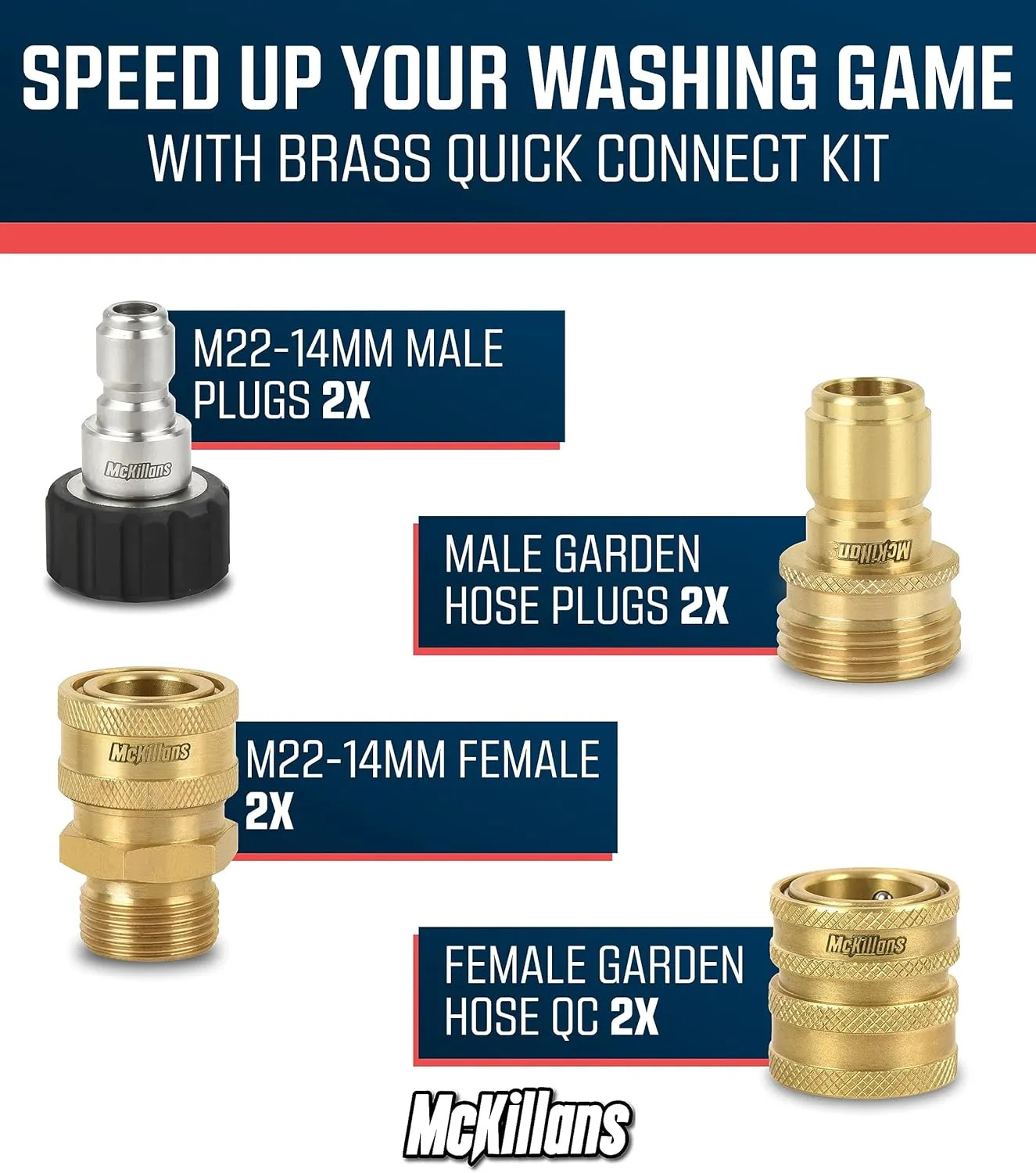 McKillans Pressure Washer Quick Connect Kit M22 14mm to 3/8 Inch Brass Adapter