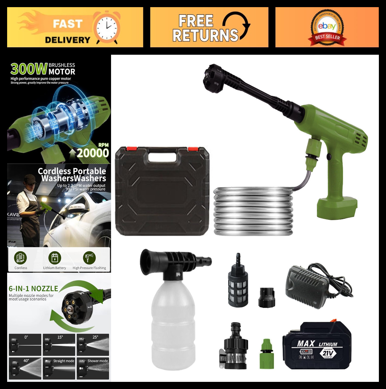 Portable Cordless Pressure Washer 1200PSI, 4Ah Battery & Charger, 6-in-1 Nozzle,