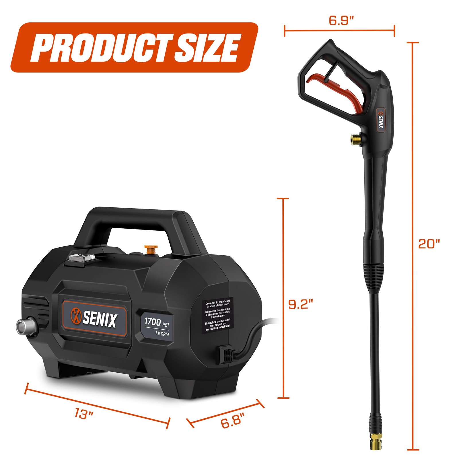 SENIX 1700Psi-01 13 Amp Electric Pressure Washer – 1700 PSI, 1.2 GPM, Compact