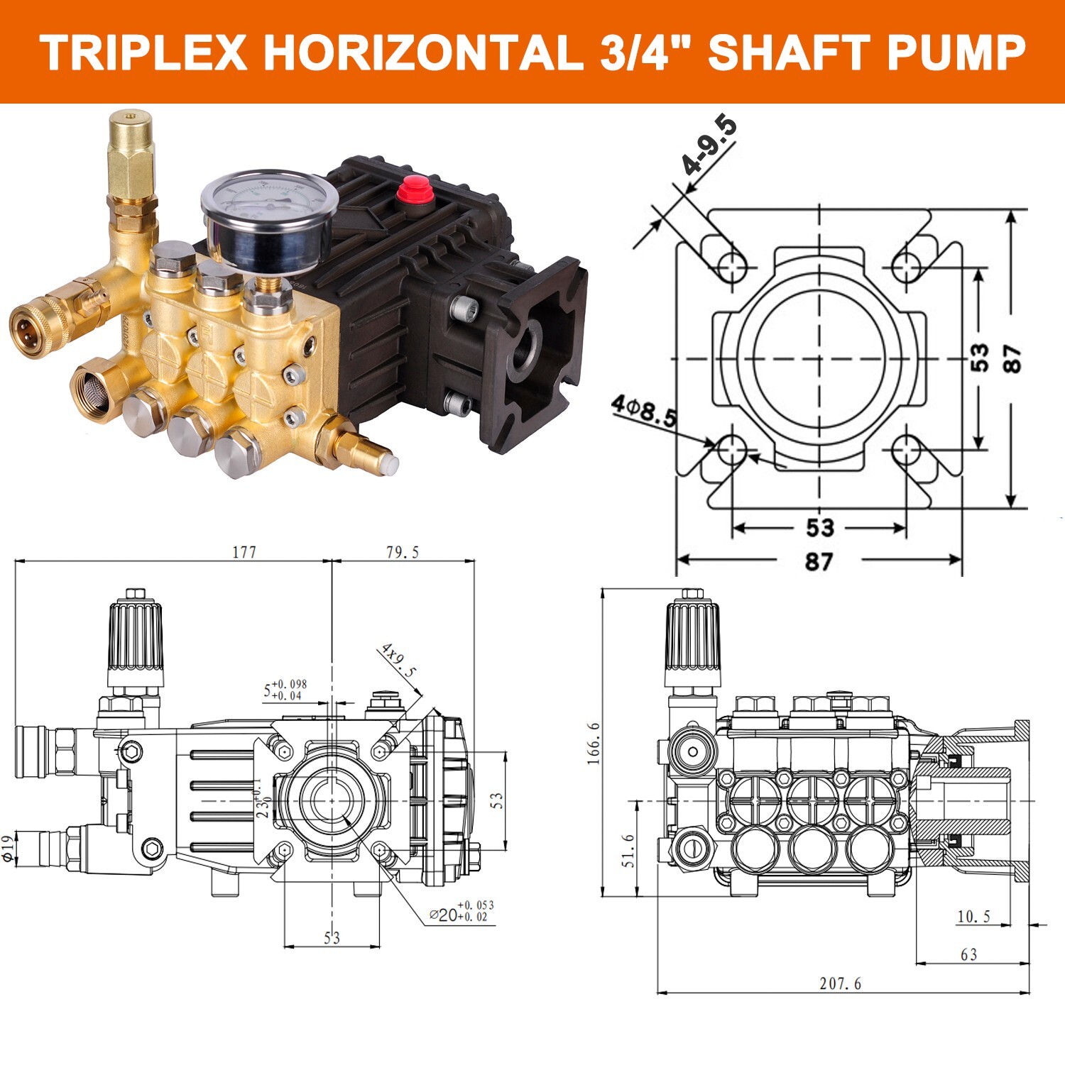 Pressure Power Washer Pump Replacement Direct drive 3/4″ Hollow shaft 3000 PSI