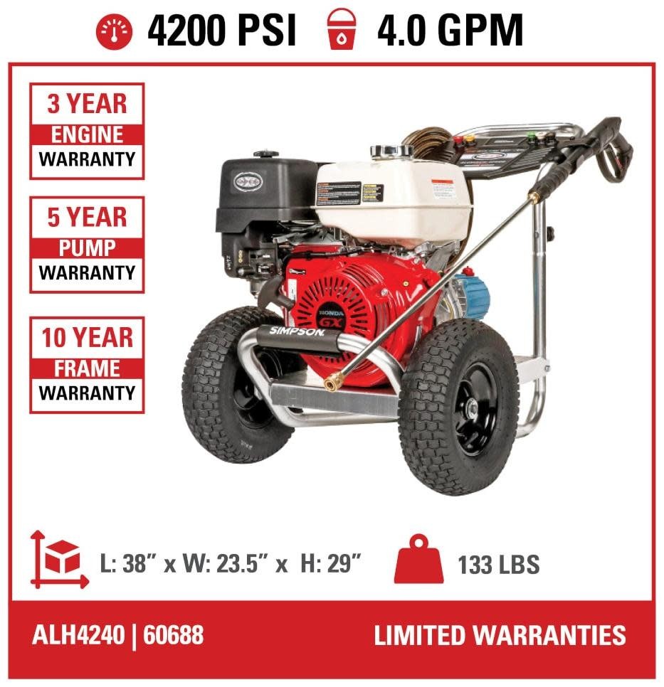 Simpson 60688 4200 PSI 4 GPM Gas Powered Cold Water Pressure