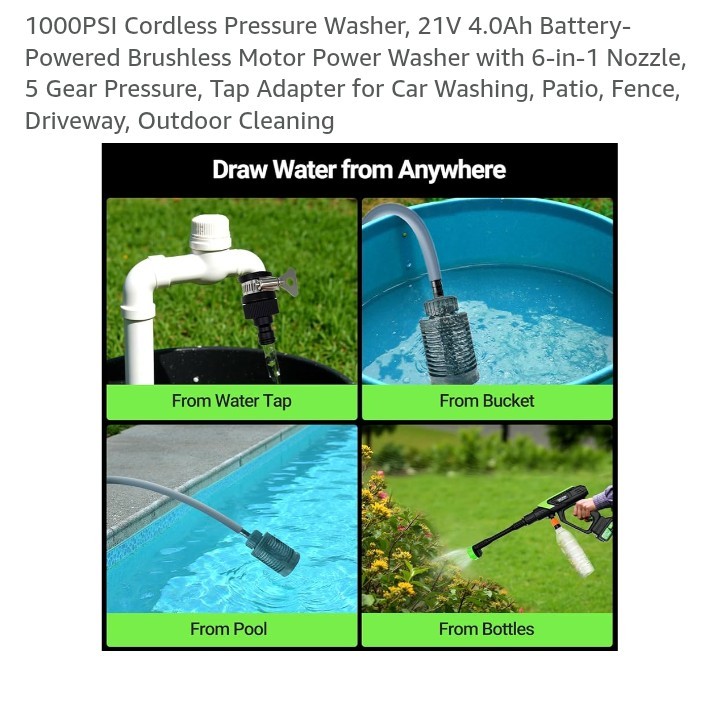 1000PSI Cordless Pressure Washer, 21V 4.0Ah Battery-Powered Brushless Motor Powe