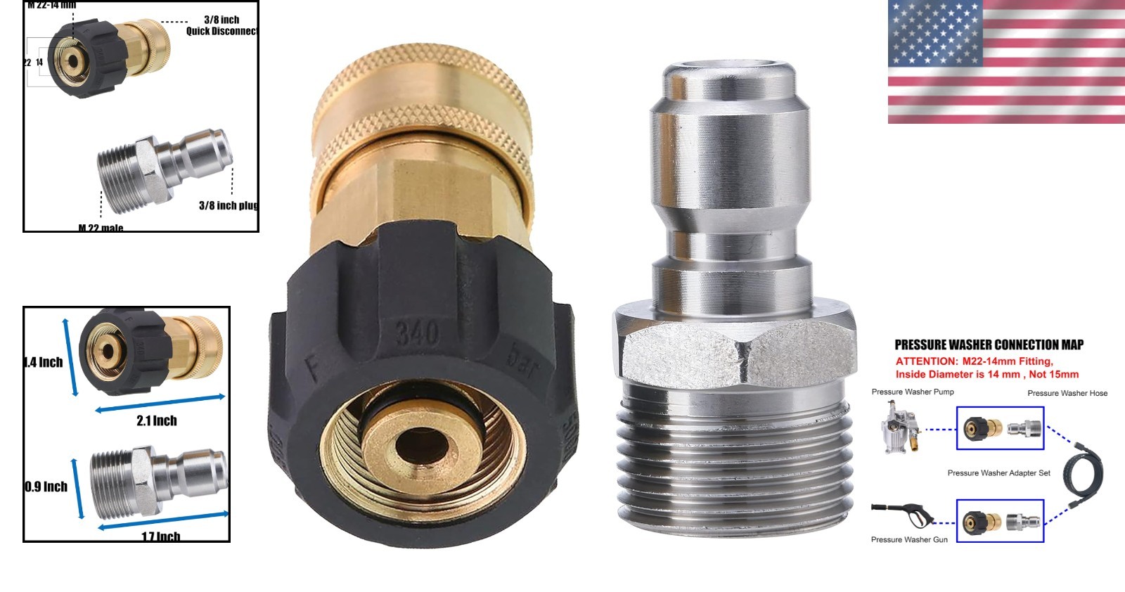 High-Quality Brass Pressure Washer Adapter, M22 14mm to 3/8 Inch Quick Connect