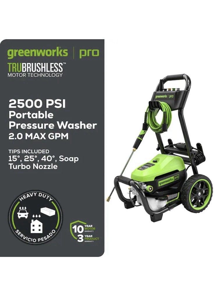 Greenworks Pro 2500 PSI TruBrushless Corded Electric Pressure Washer, Soap Tank