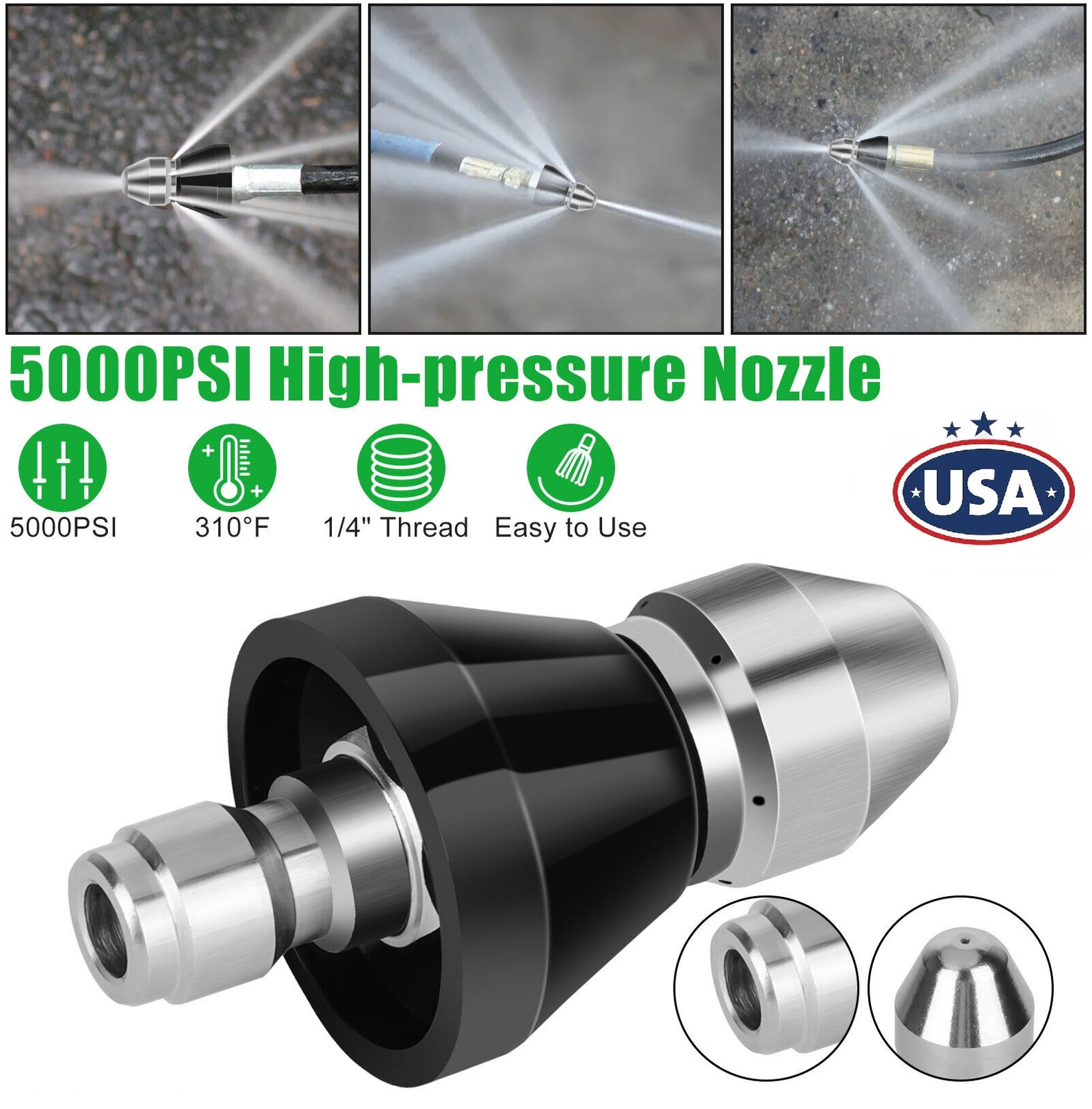 2× Sewer Cleaning Tool High-pressure Nozzle 5000psi Pipe Cleaner 1/4″ Connector
