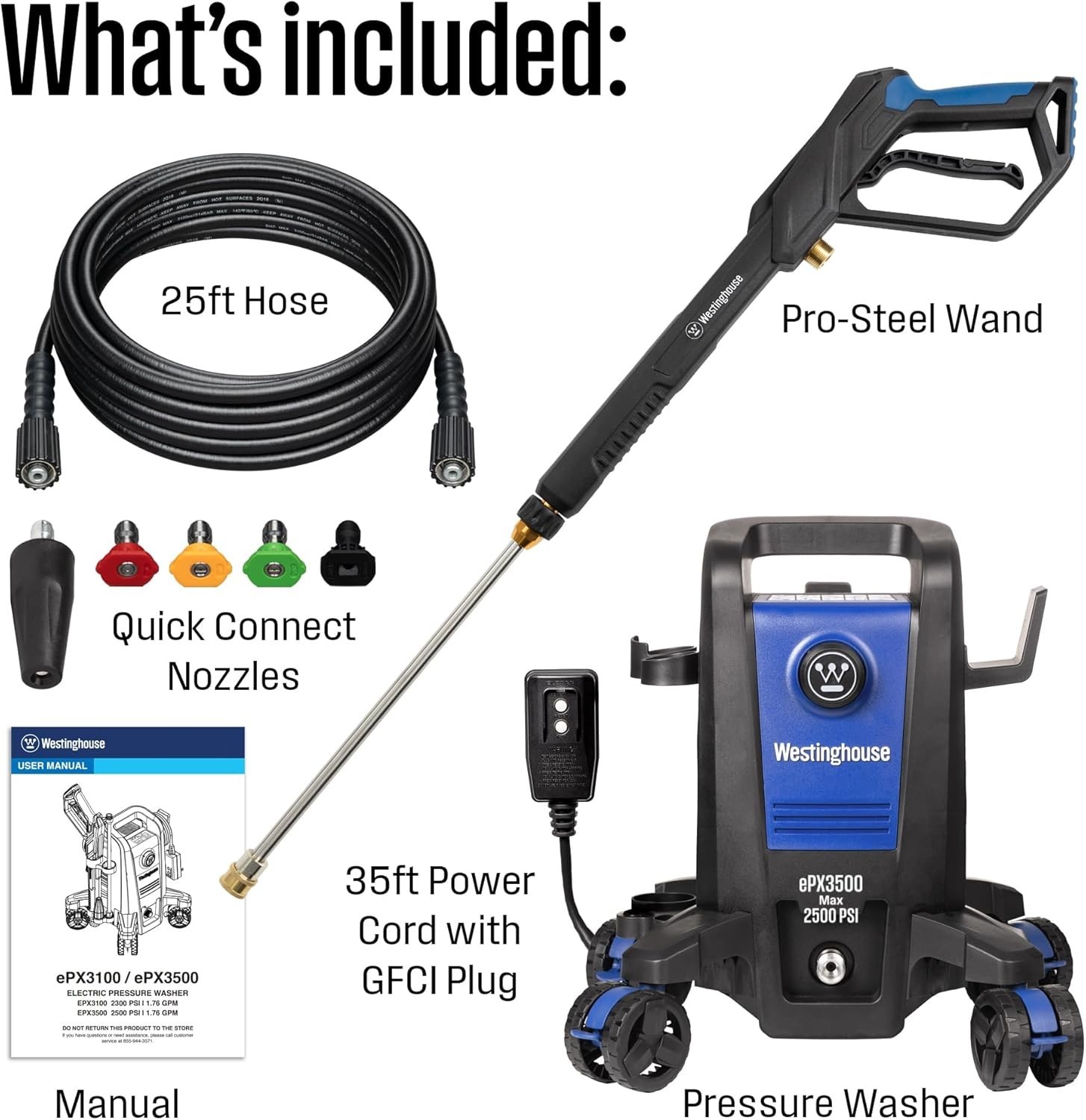 ePX3500 Electric Pressure Washer – 2500 PSI, Onboard Soap Tank & 5-Nozzle Set