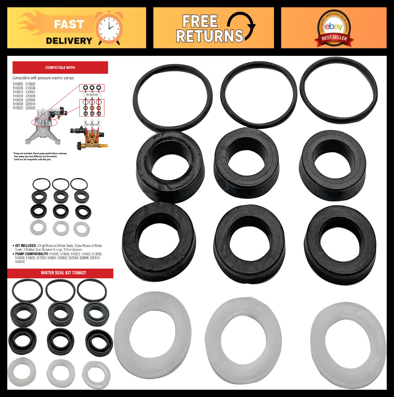 Pressure Washer Pump Water Seal Kit – High/Low Seals, O-Rings, Spacers, Leak Sto