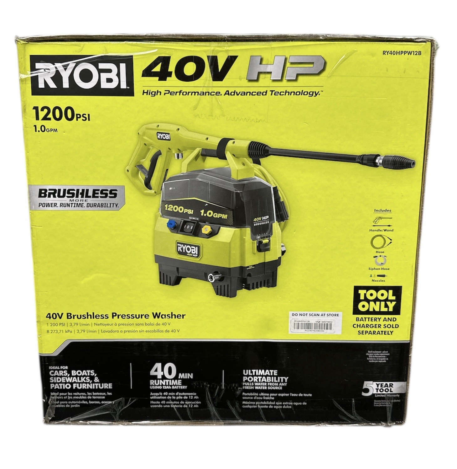 New Ryobi RY40HPPW12B 40V Brushless Pressure Washer Tool Only