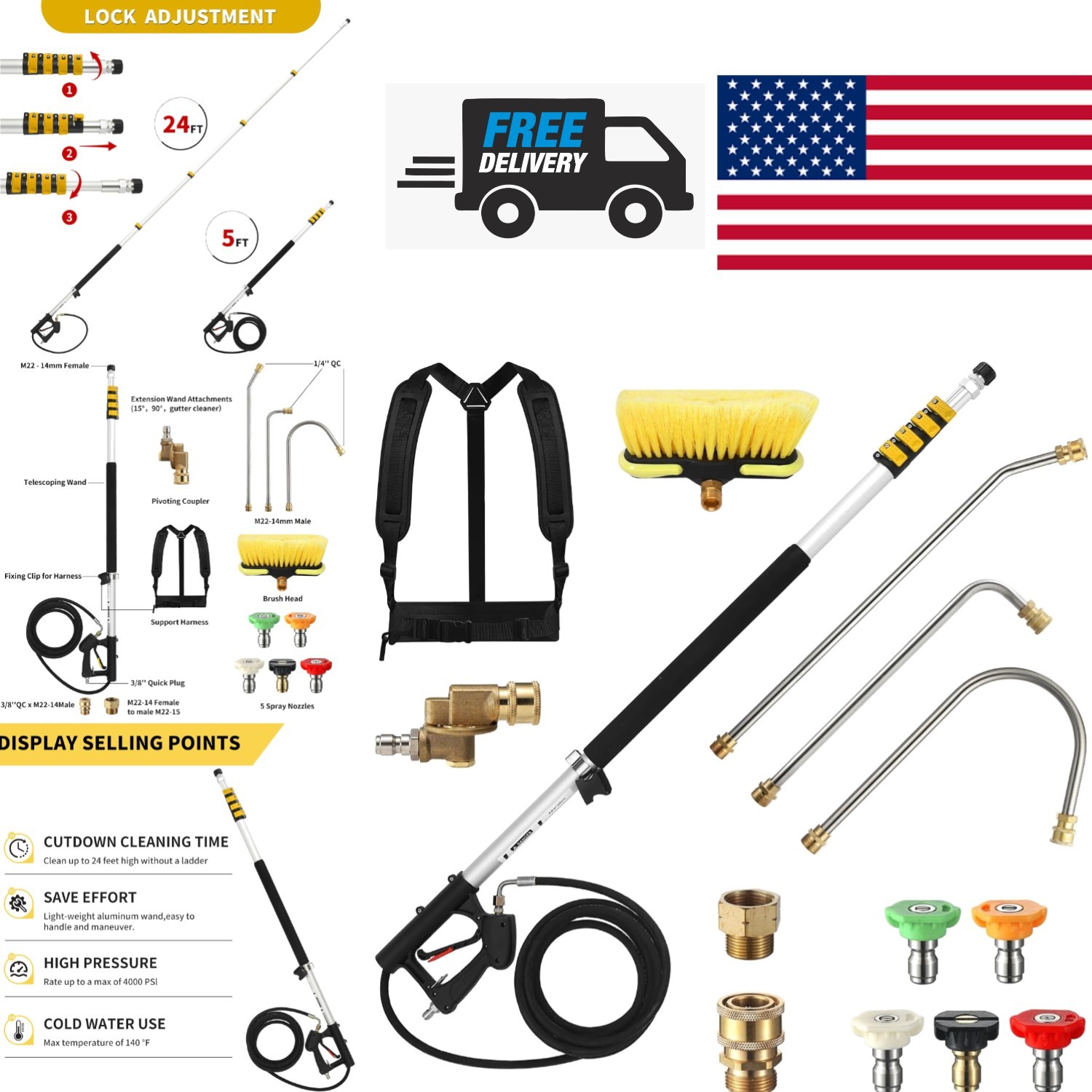 Complete Gutter Cleaner Kit 24 Feet Extension Wand with Nozzle Tips Included