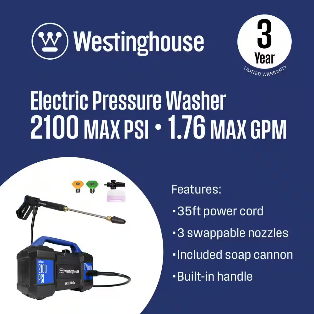 2100 Max PSI 1.76 Max GPM 13A Cold Water Handheld Electric Pressure Washer with