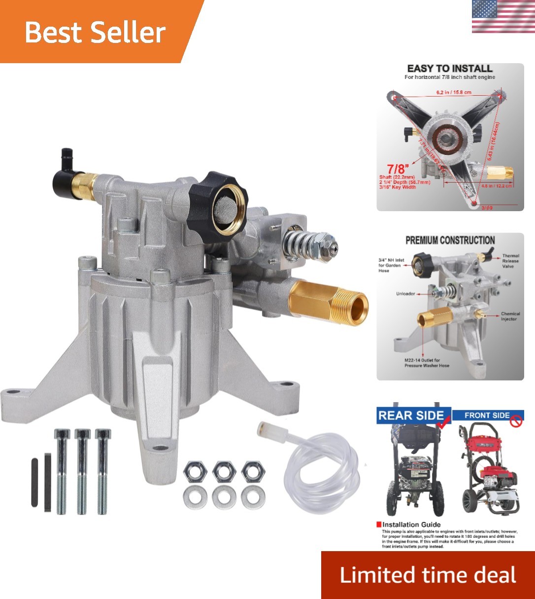 Powerful 3400 PSI Aluminum Pressure Washer Pump – Easy Installation, Rear Design