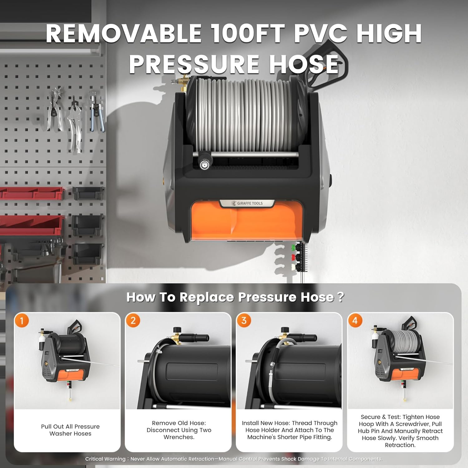 Grandfalls Retractable Wall Mounted Pressure Washer Pro, 3700 PSI, 1.6 GPM Elect
