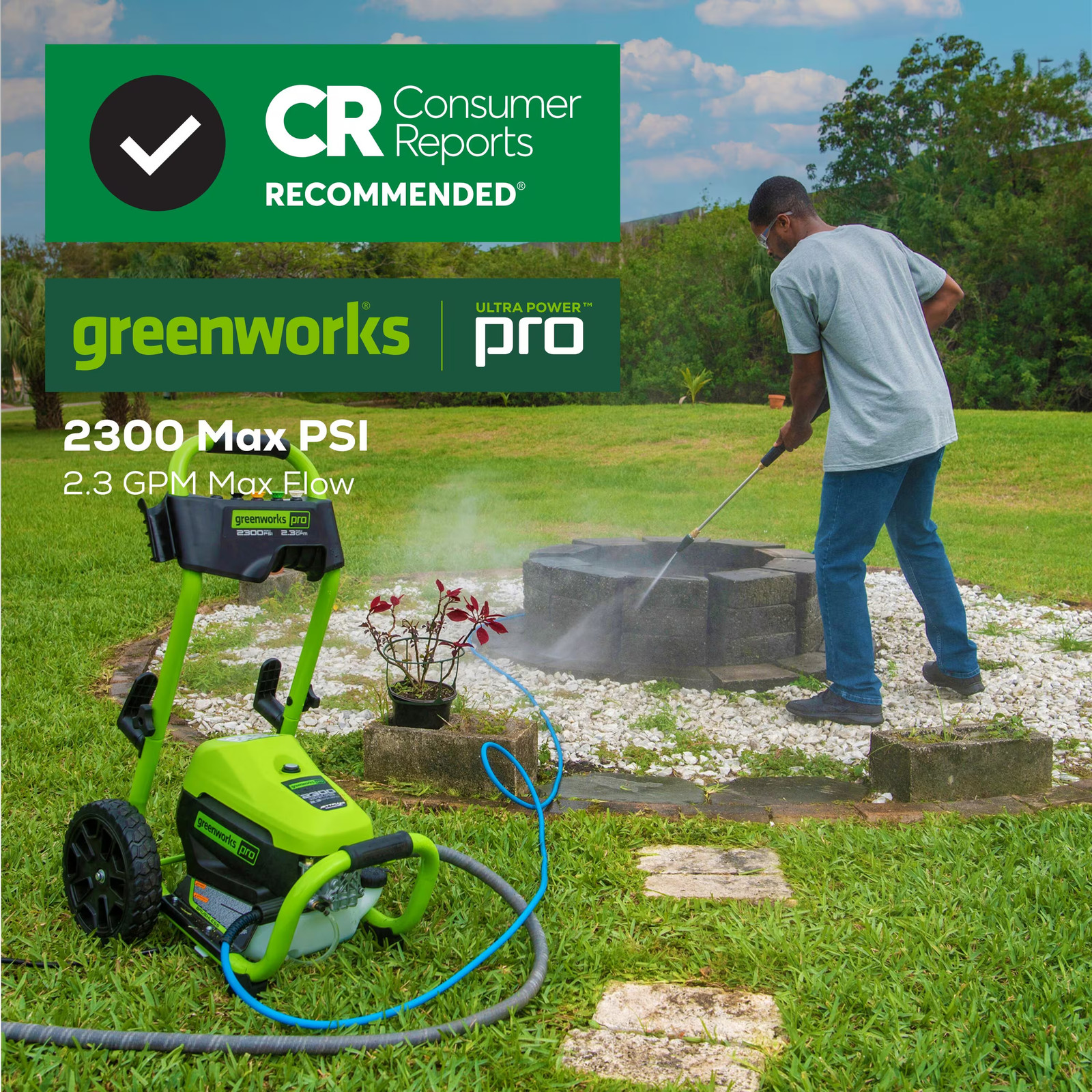 Greenworks – Pro Electric Pressure Washer up to 2300 PSI at 1.2 GPM – Green