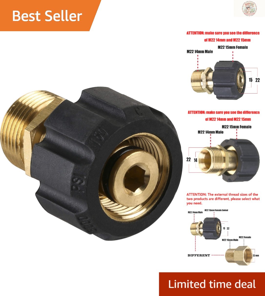 Quick Connect M22 Adapter, Metric 15mm to 14mm for Pressure Washers, 4500 PSI