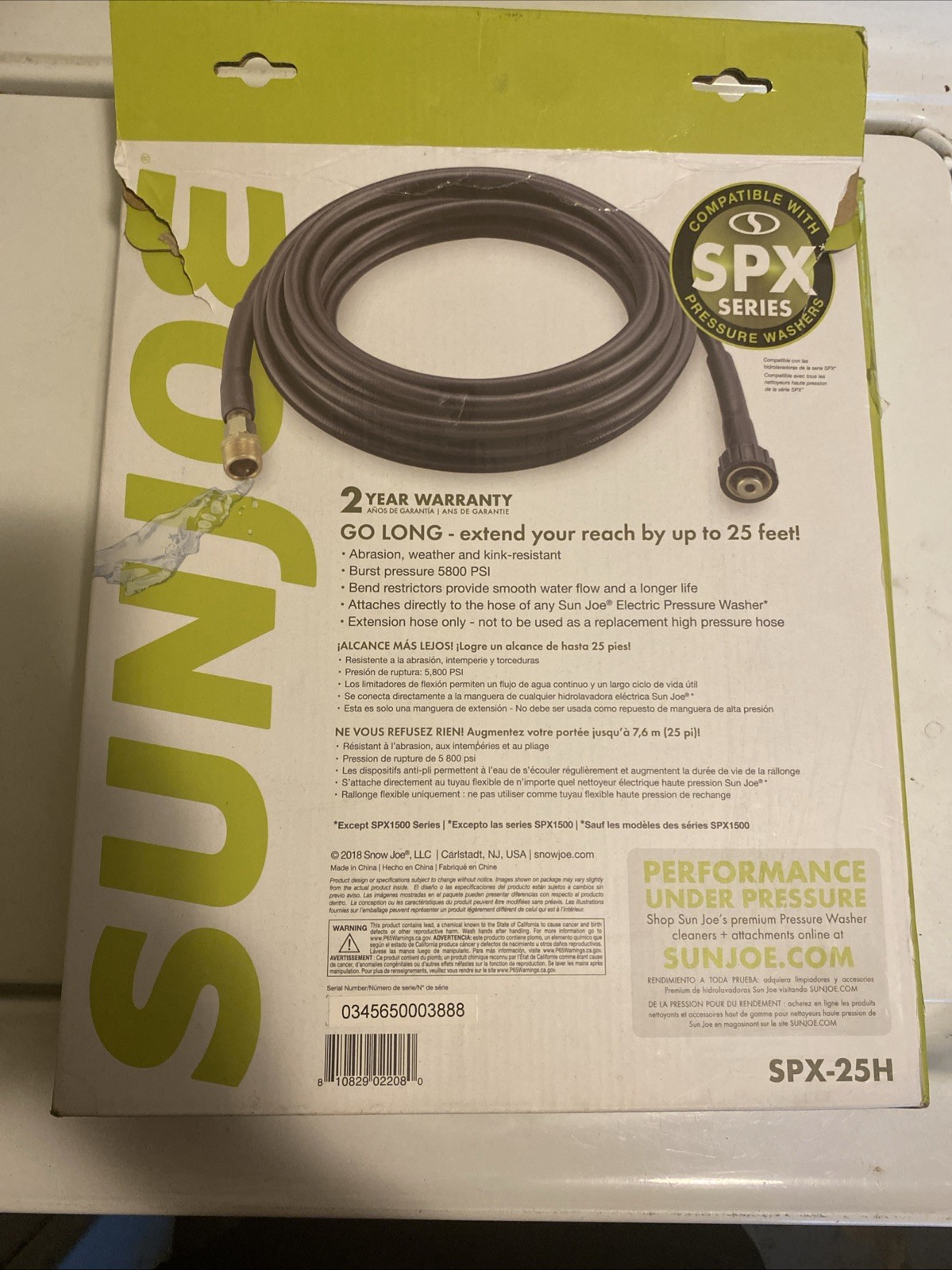 SPX-25H Sun Joe 25-FT Medium Duty Pressure Washer EXTENSION HOSE for SPX Series