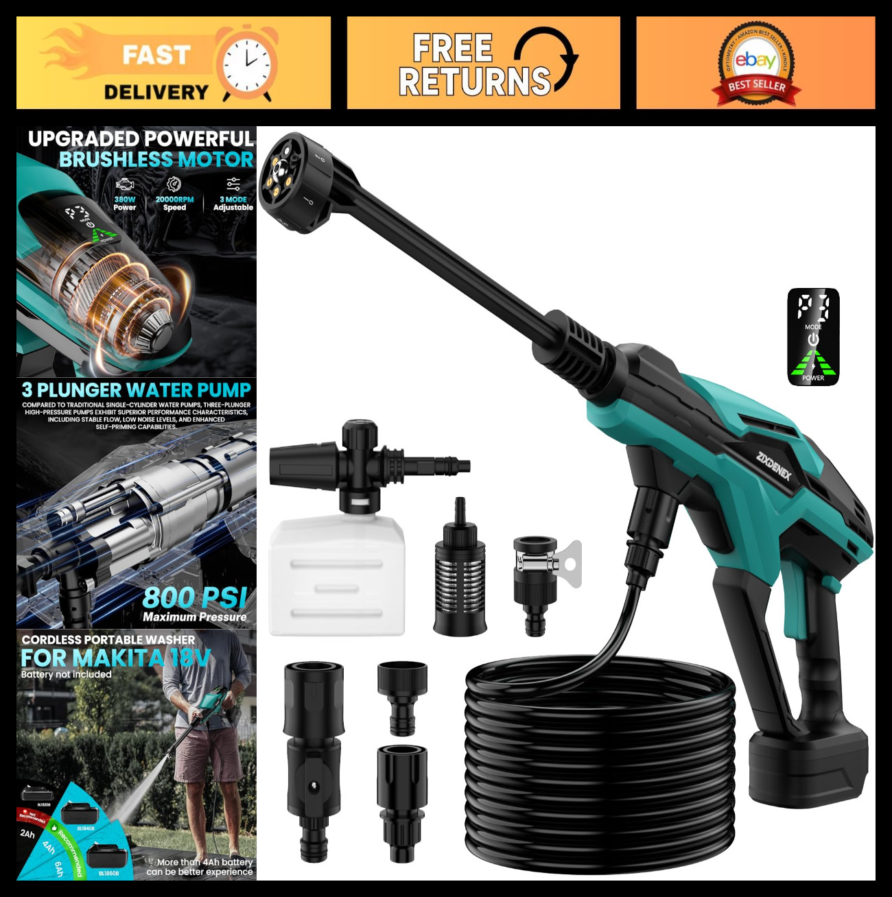 800 PSI Cordless Portable Washer – Handheld 6-in-1 Nozzle, Adjustable Pressure f