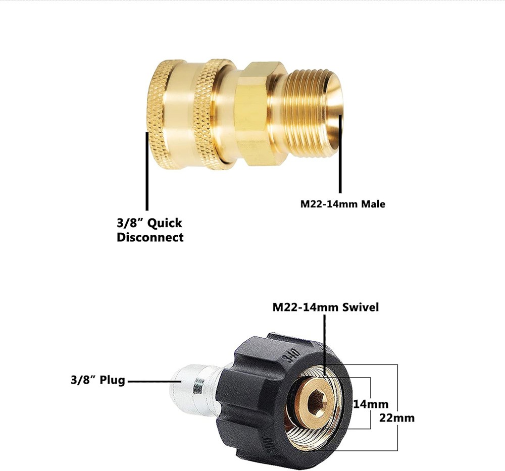 4PCS Brass Quick Disconnect Kit M22 14mm to 3/8″ High Pressure Washer Gun Hose