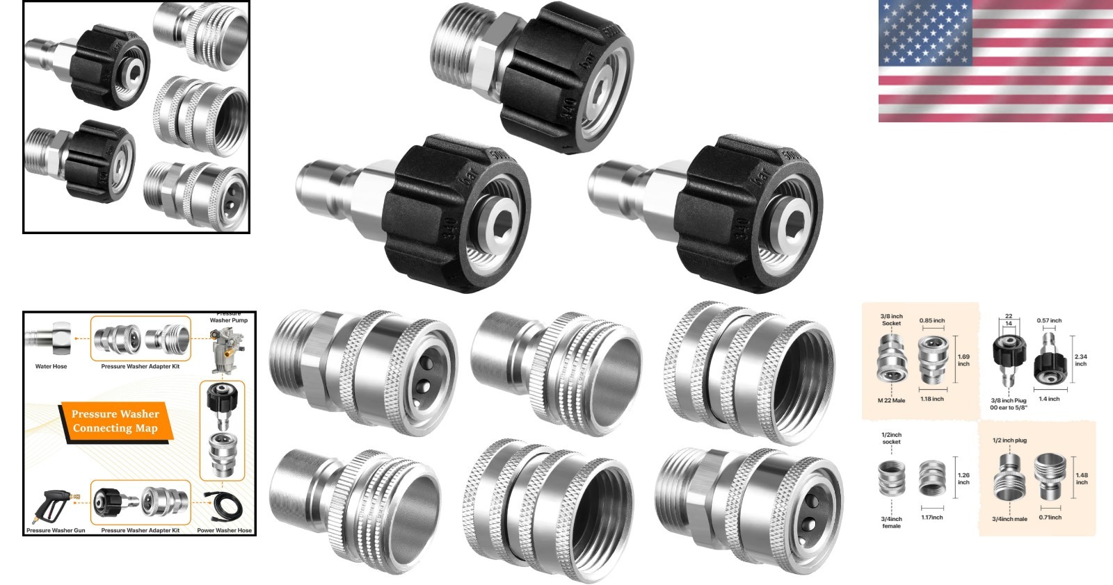 Corrosion Resistant Stainless Steel Pressure Washer Quick Connect Kit – 9 Sets