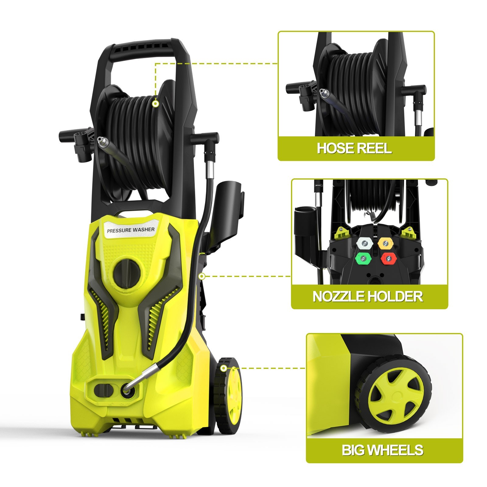 Pressure Washer 4200PSI 2.5GPM, Extension Hose Reel, 4 Nozzles, for Home, Yard