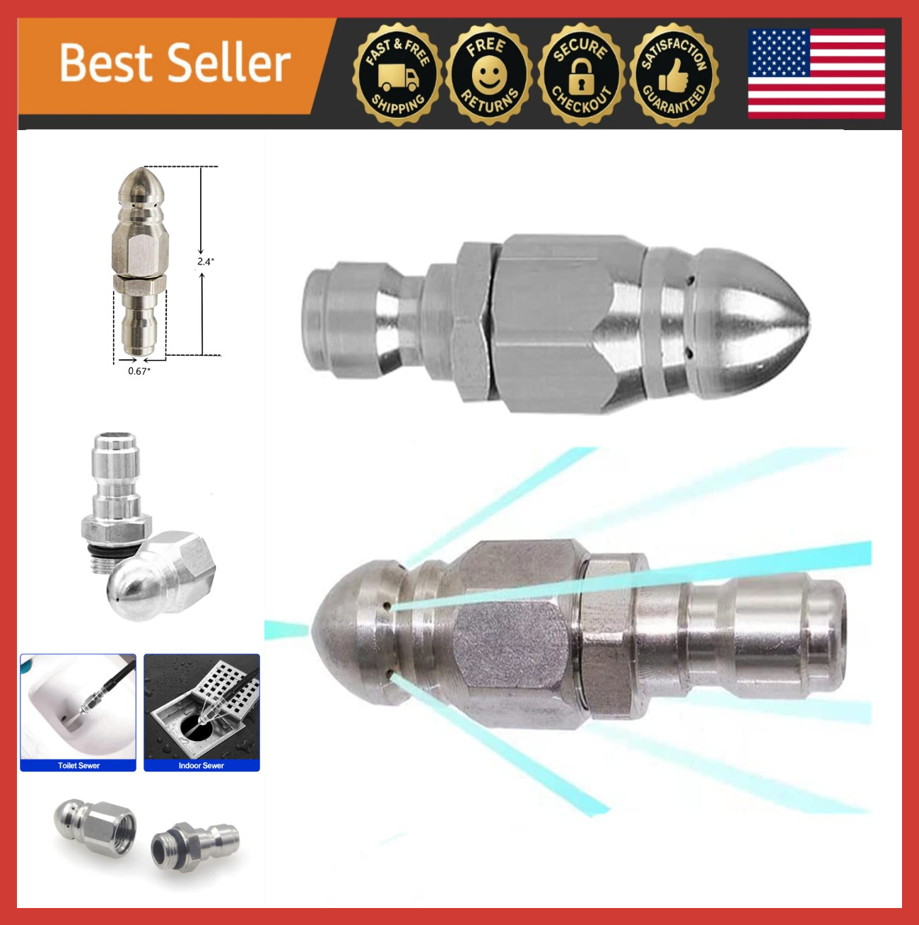 Pressure Washer Sewer Jetter Nozzle Set, 1/4″ Quick Connect, 5000 PSI Durable