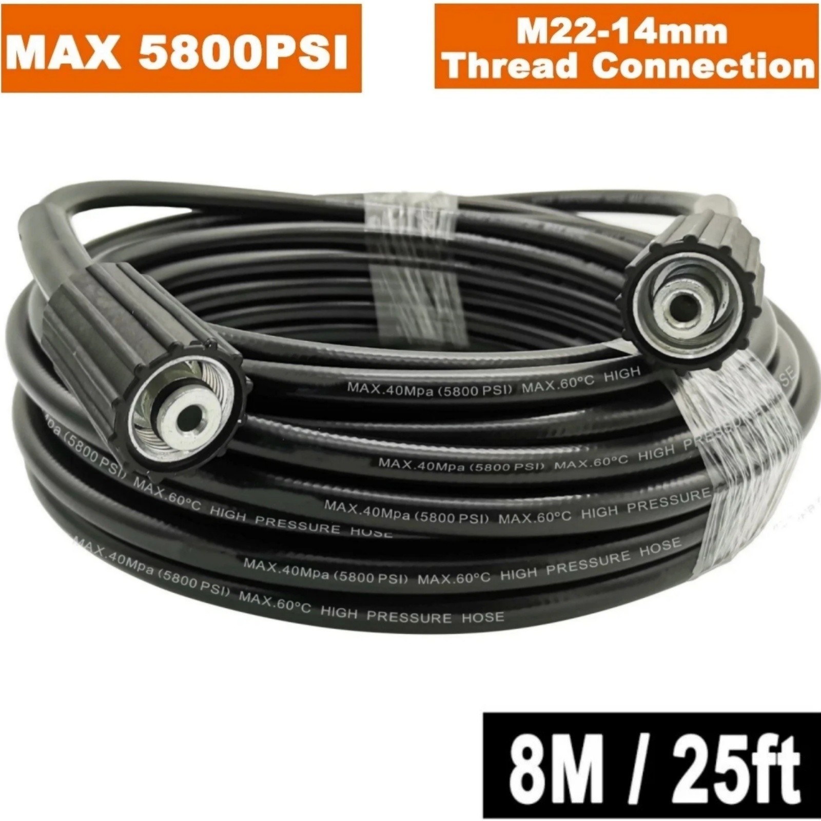 25ft. 5800 PSI High Pressure Washer Hose – M22 14mm Connector – Replacement Hose