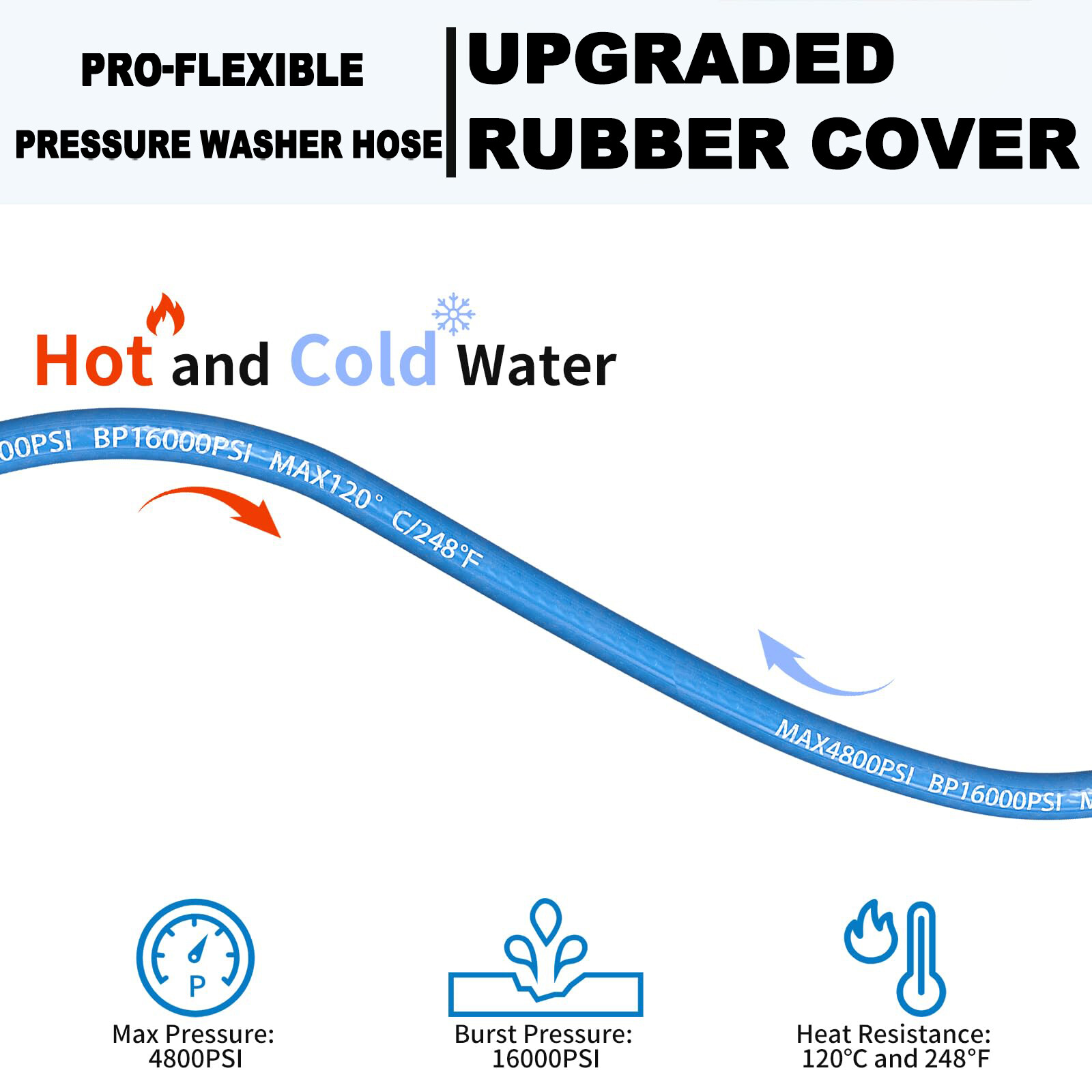 3/8″ 4800psi Hot Water Rubber Pressure Washer Hose 30-150FT 248℉ Extension Cable