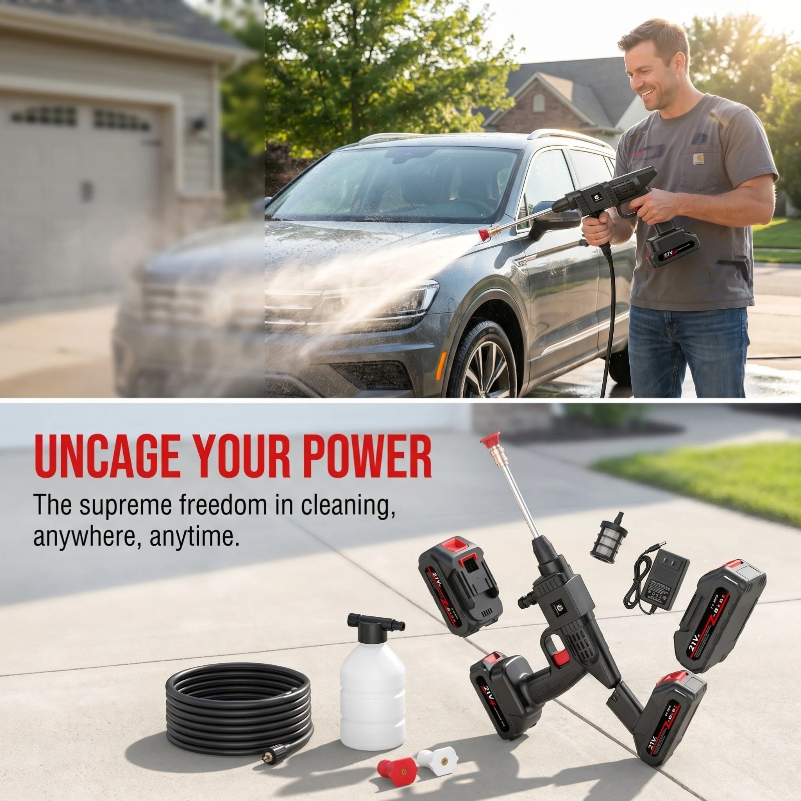 Portable Battery Power Washer 1500W, 60Bar/870 PSI Electric hand held